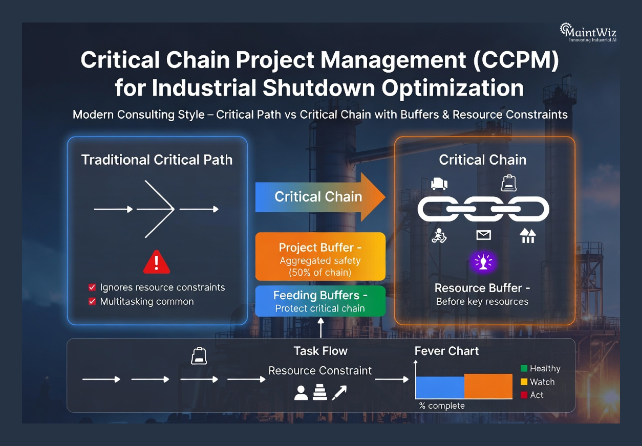 Infographic comparing critical chain and critical path methods in shutdown planning