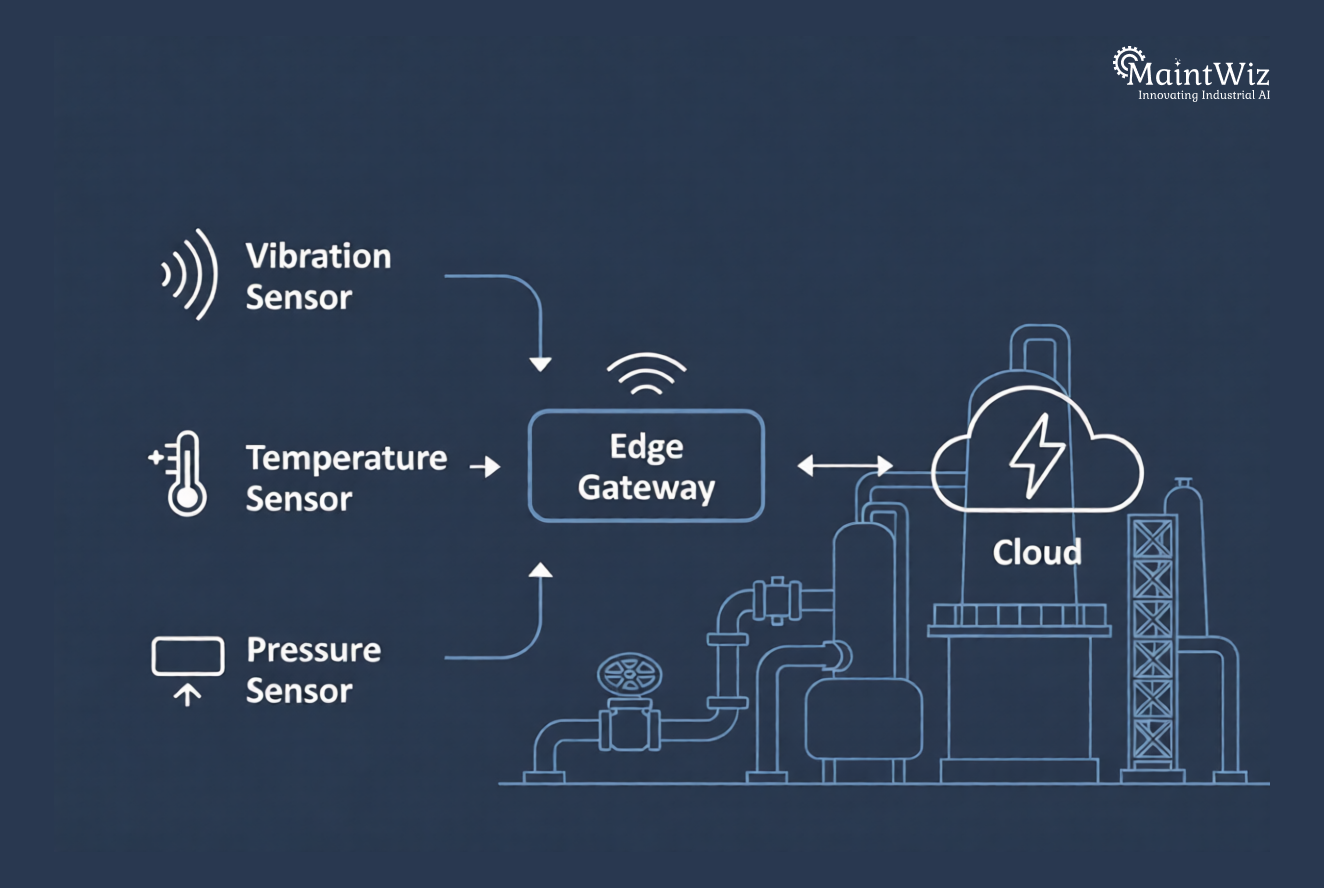 Architecture diagram showing IoT sensors connected to CMMS platform