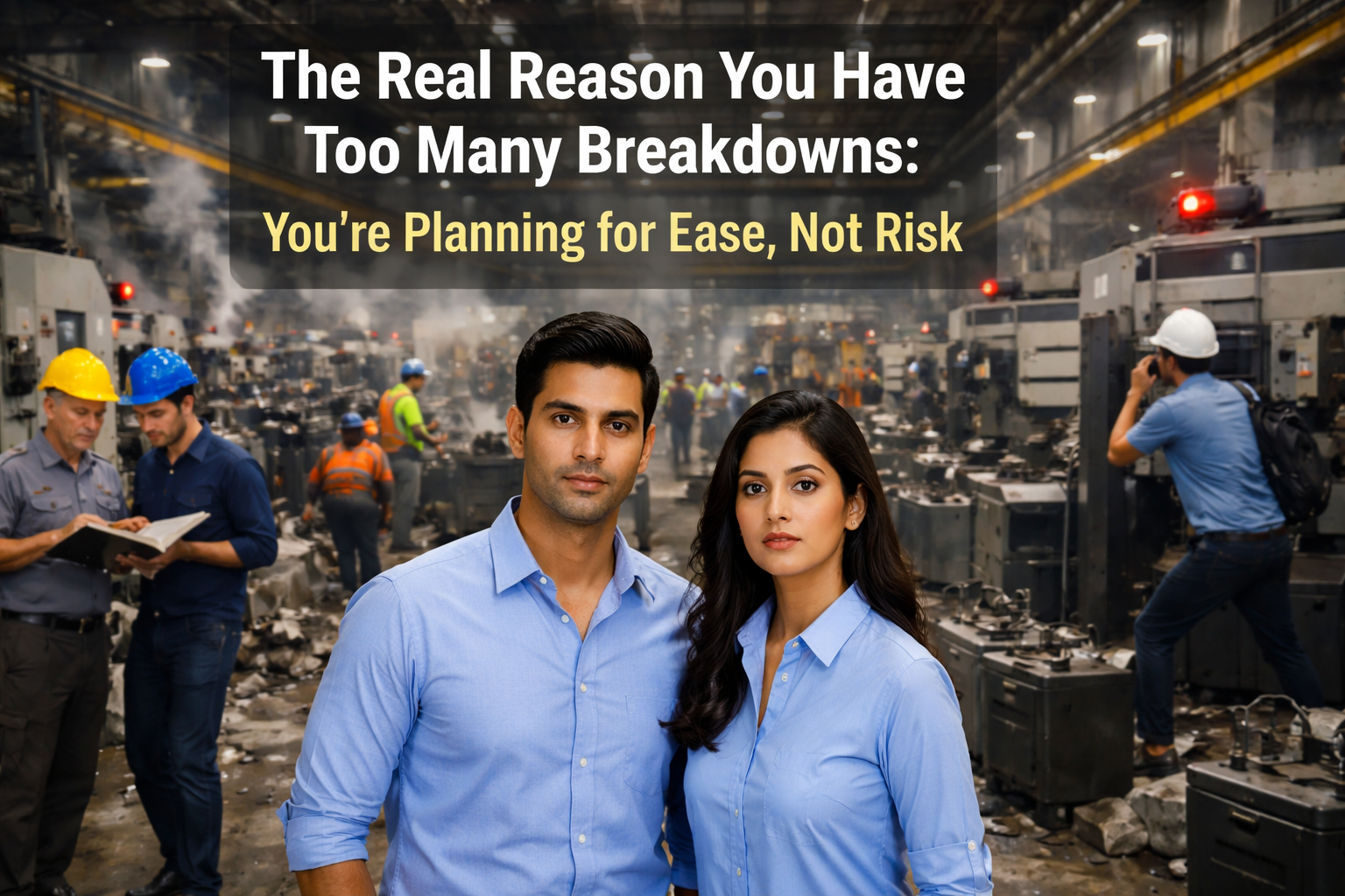 factory maintenance team with machines in background highlighting planning for ease versus risk leading to frequent equipment breakdowns