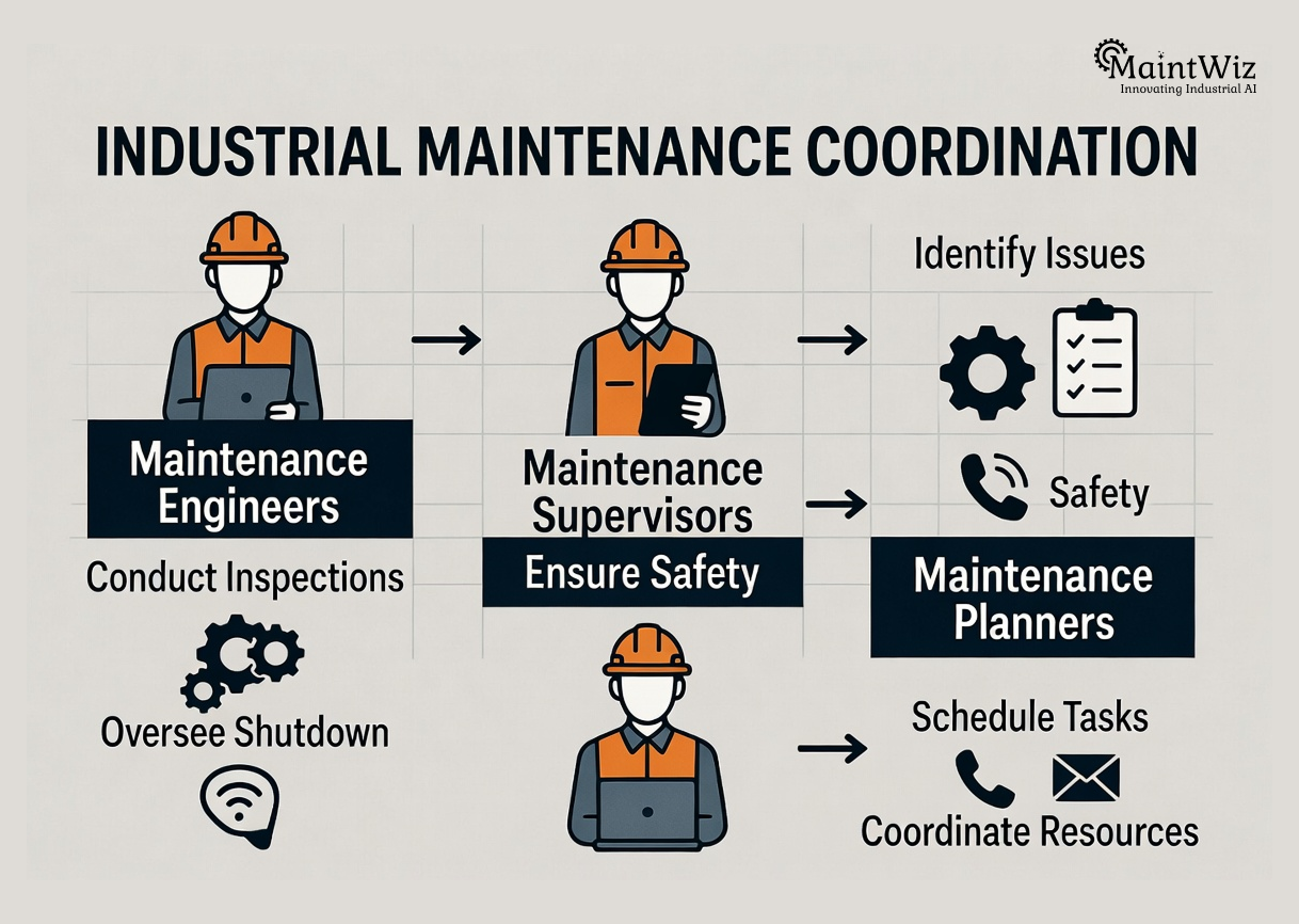 Maintenance team coordination during manufacturing plant shutdown.