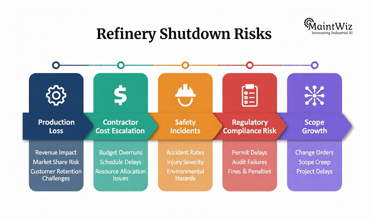 infographic showing major refinery shutdown risks including production loss, safety incidents, contractor costs, regulatory compliance and scope growth
