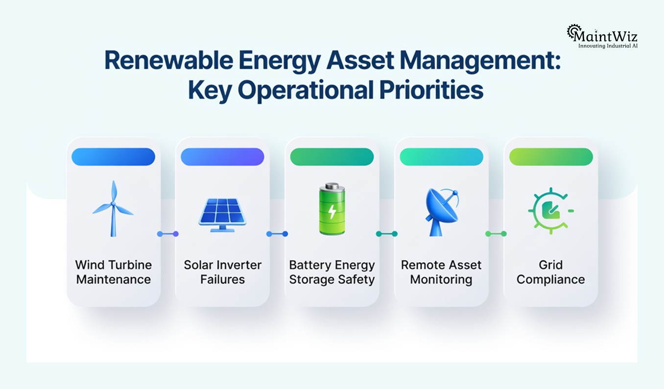 infographic showing renewable energy maintenance challenges including wind turbine failures solar inverter faults remote monitoring and grid compliance