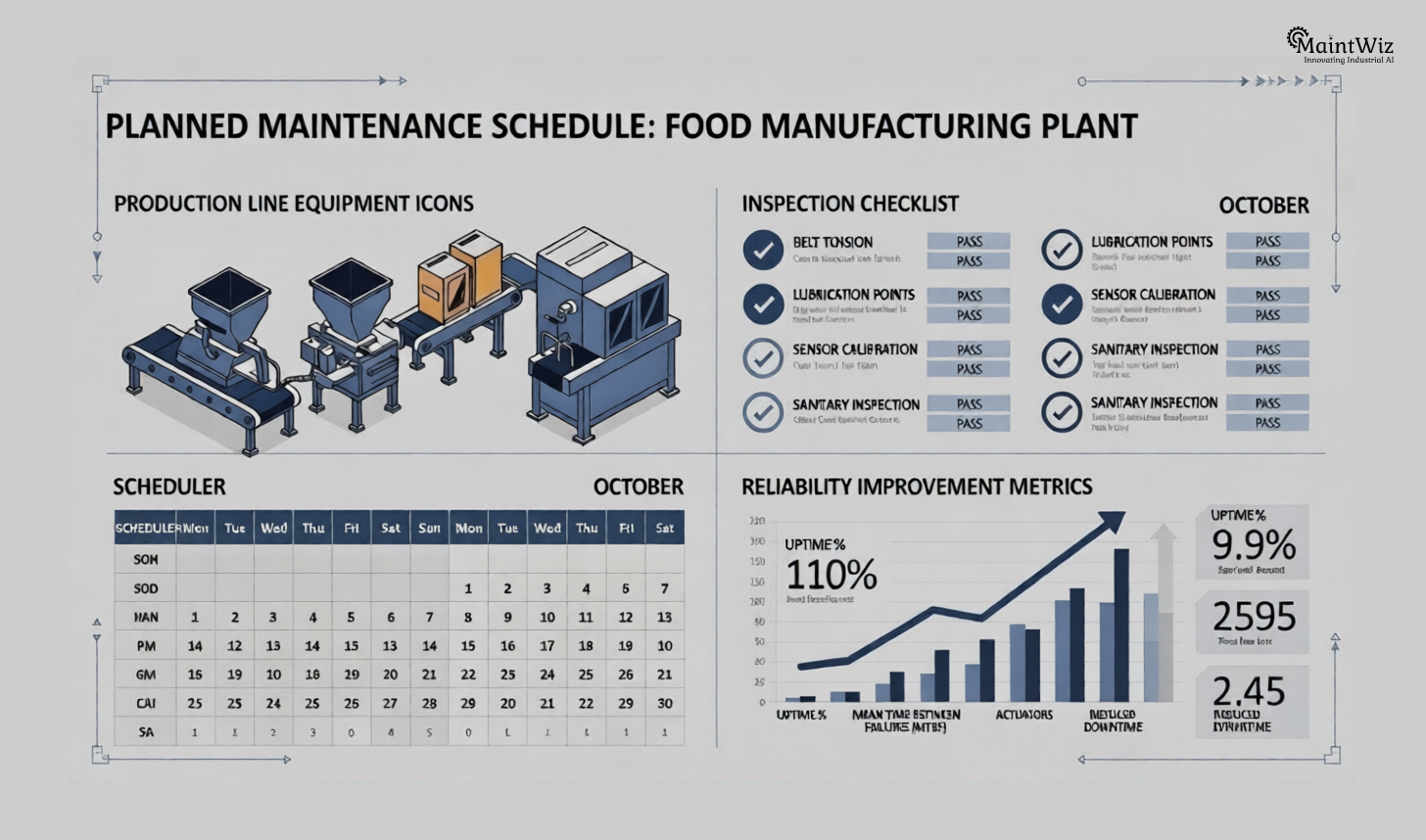 Scheduled maintenance planning infographic for food processing plant equipment.