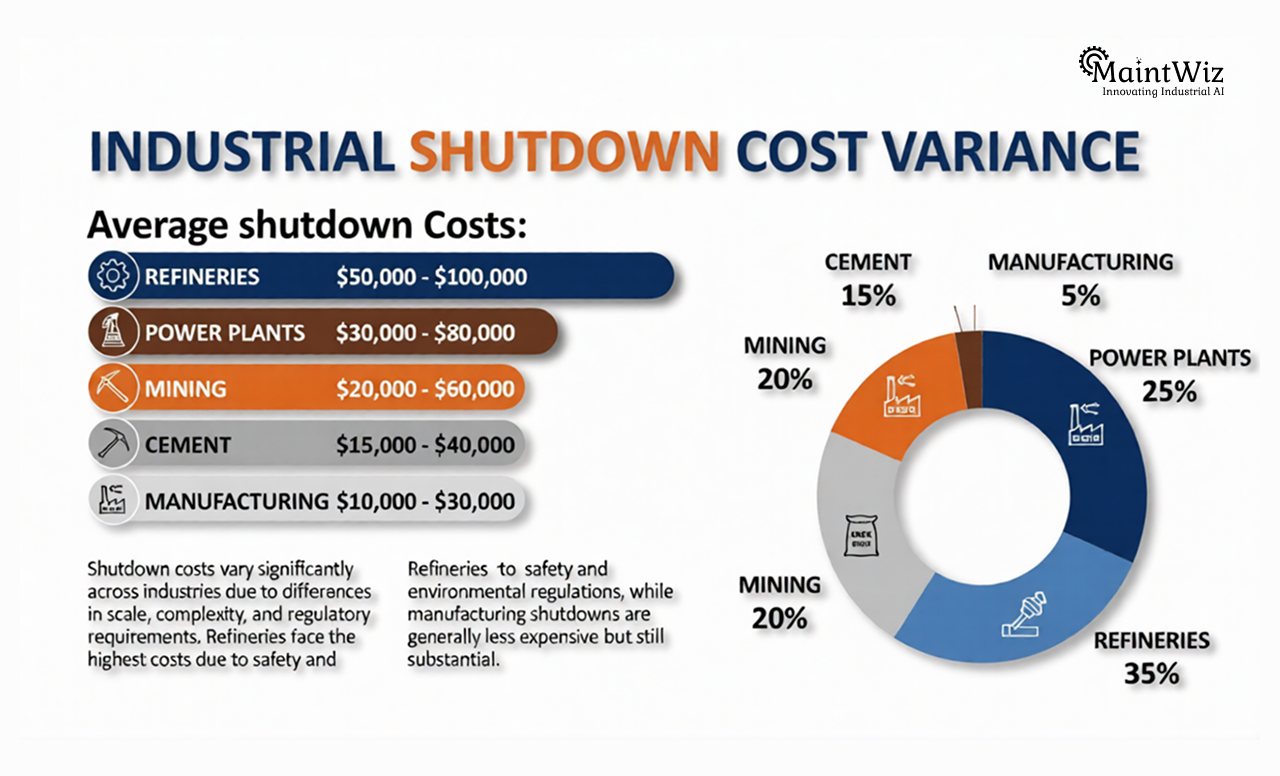 Infographic comparing shutdown cost variance across different industries