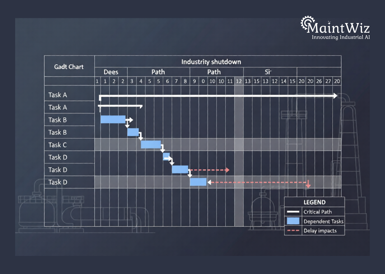Critical path highlighted in shutdown gantt schedule
