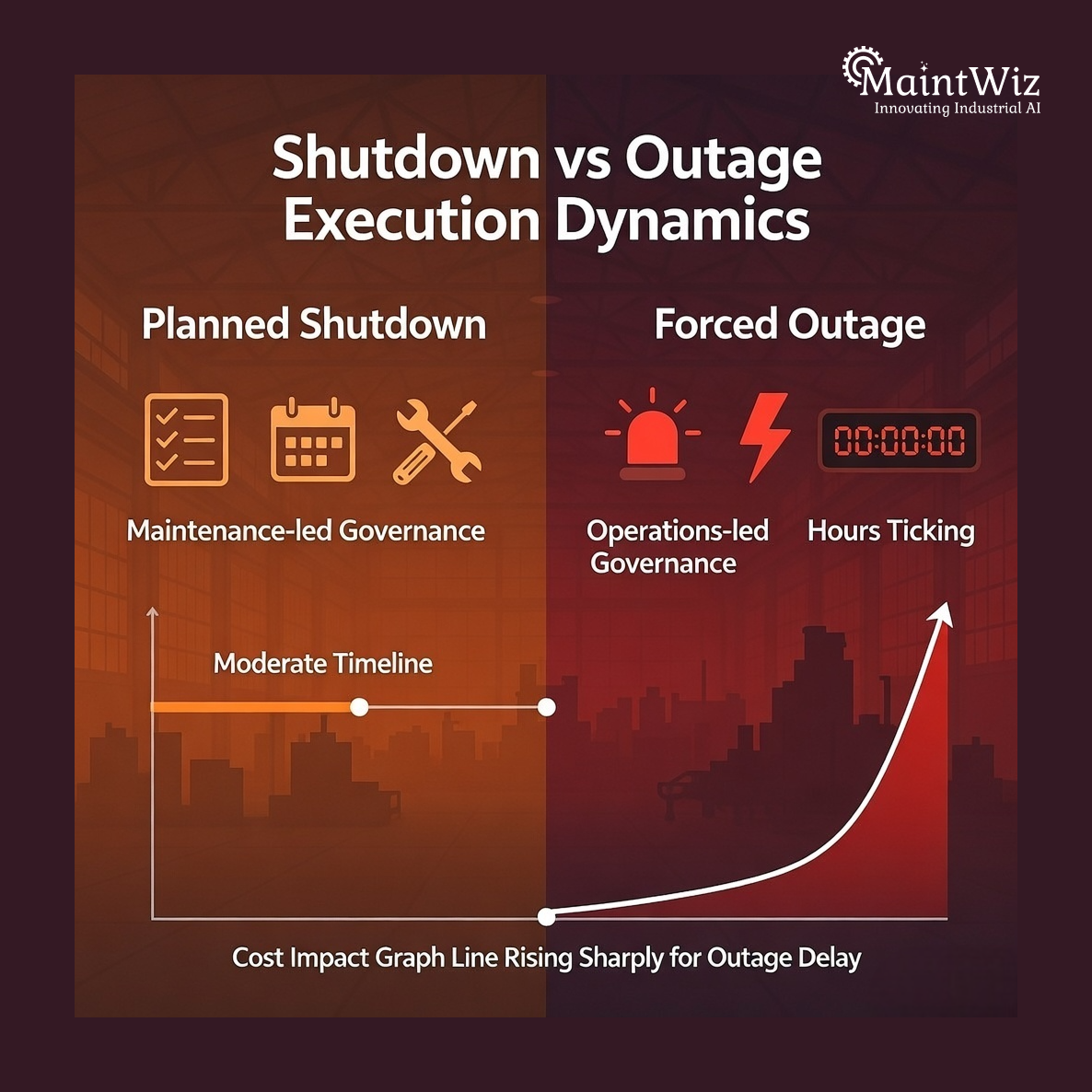 Infographic comparing shutdown and outage execution showing maintenance-led planning versus operations-led emergency response with cost escalation curve.
