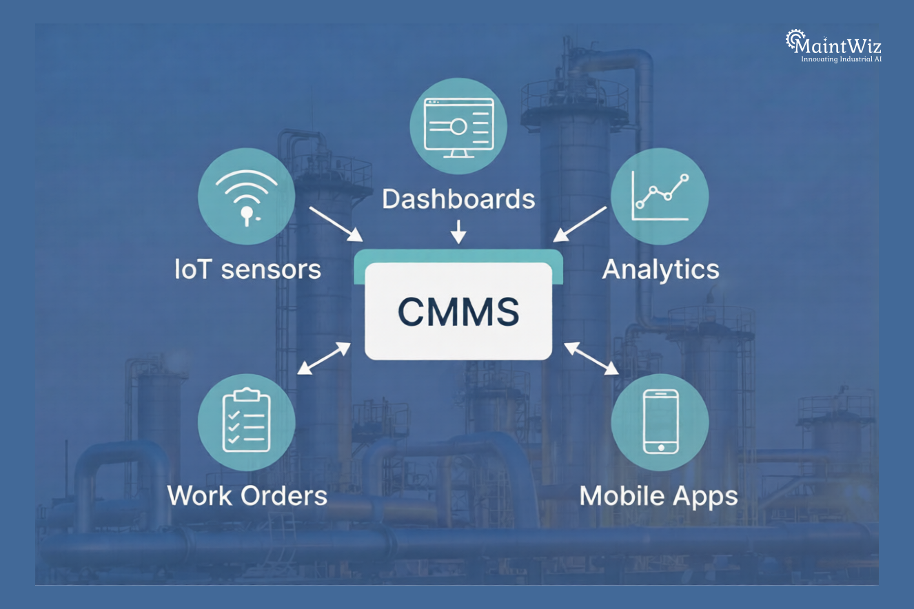 Diagram showing CMMS integrating IoT shutdown monitoring and execution