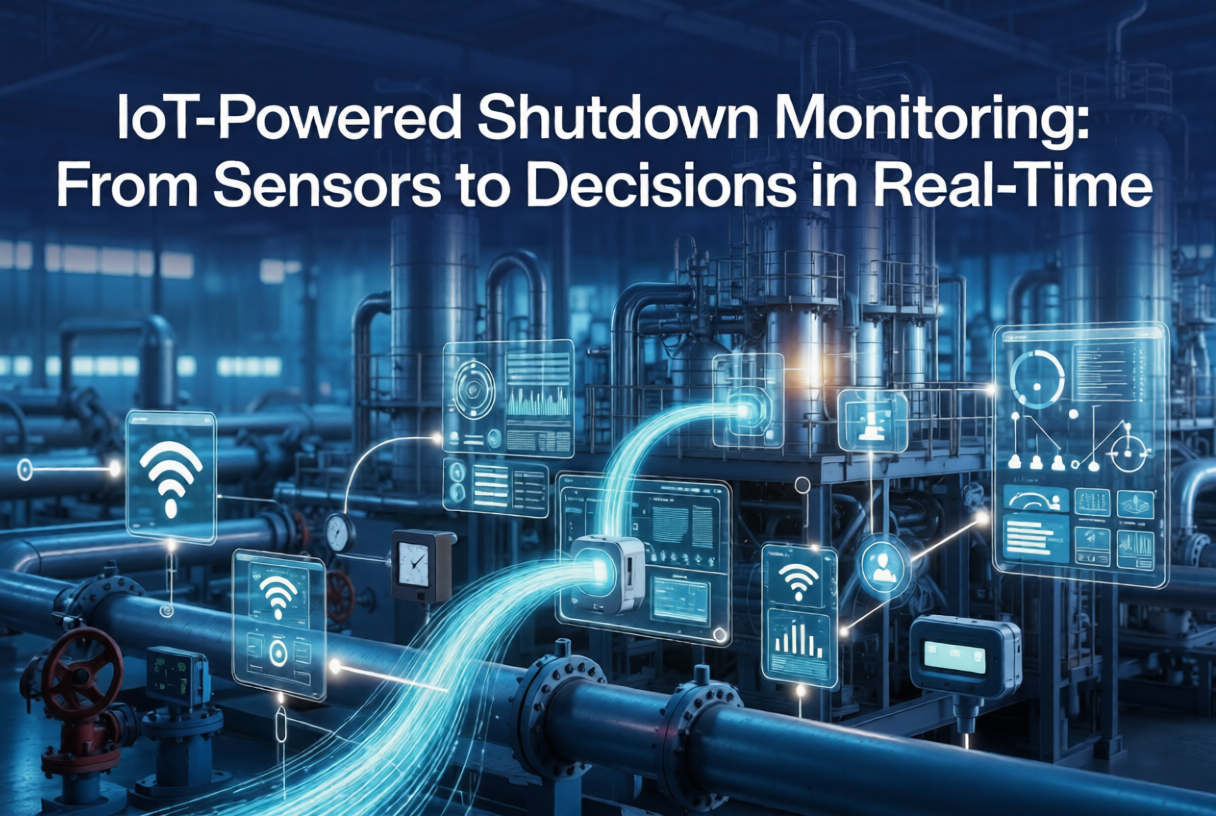 Industrial IoT shutdown monitoring system showing sensors, real-time data flow, and CMMS dashboard for decision-making