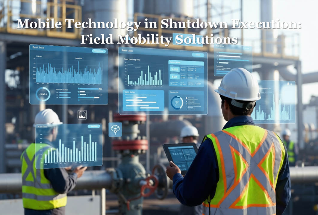 Field technicians using mobile shutdown management app for real-time work order execution during plant shutdown