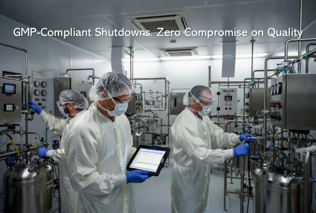 pharmaceutical cleanroom shutdown maintenance with GMP compliant technicians and sterile equipment