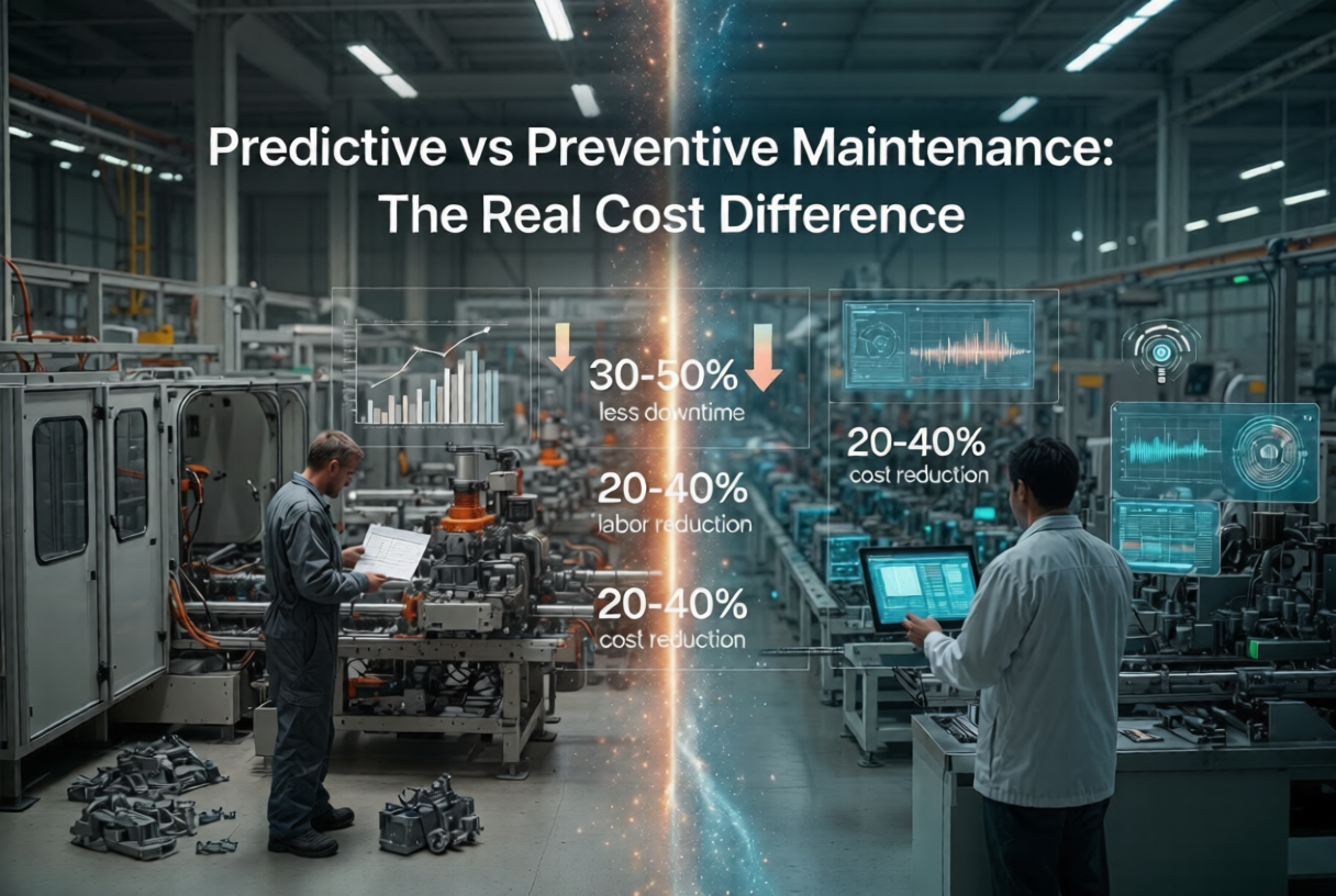 predictive vs preventive maintenance comparison showing real cost analysis with industrial machines sensors and technician workflow