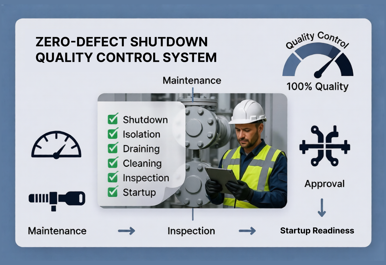 Technician performing shutdown quality control inspection using digital checklist in industrial plant
