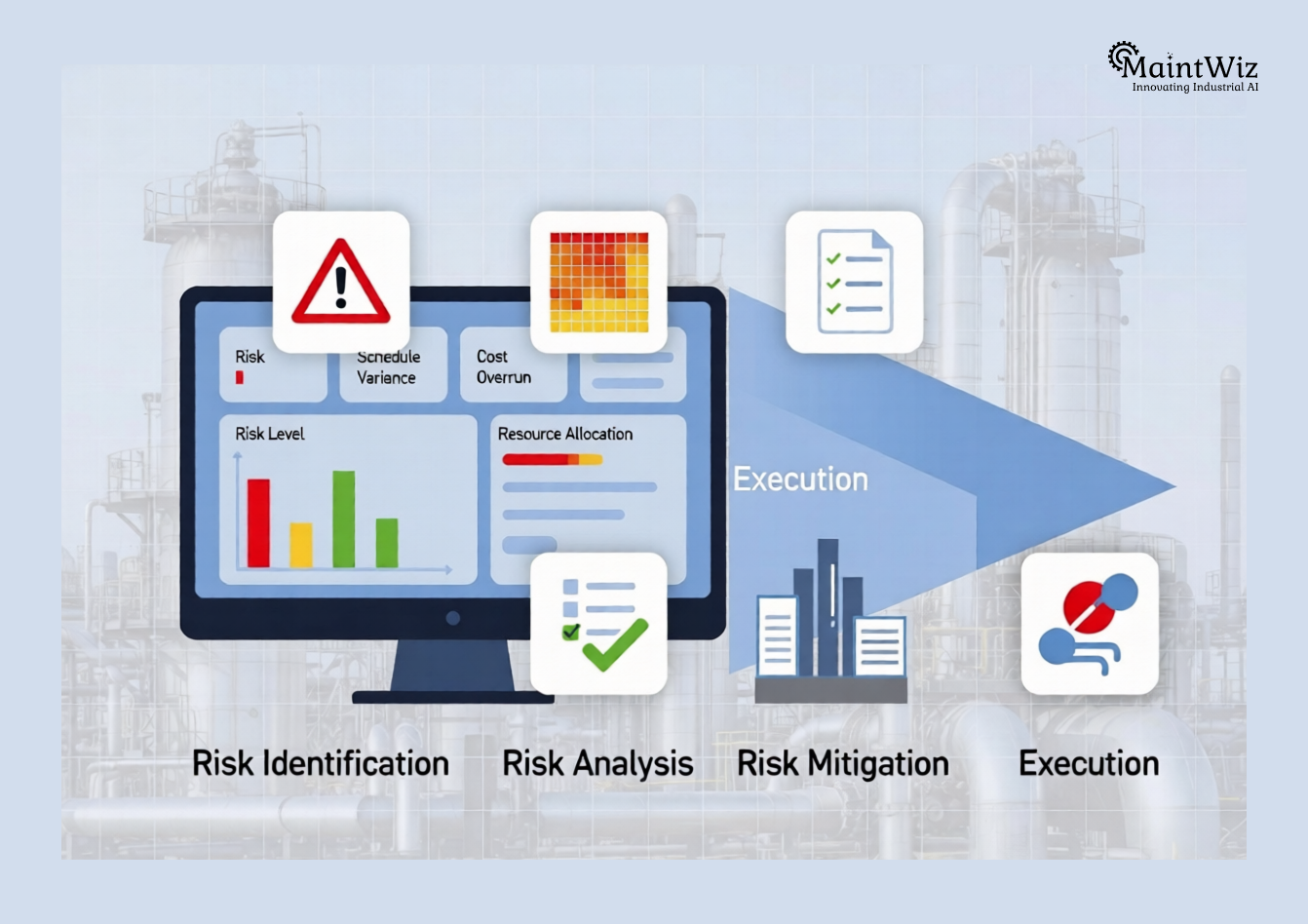 Engineers performing shutdown risk assessment using dashboards and risk indicators in industrial plant