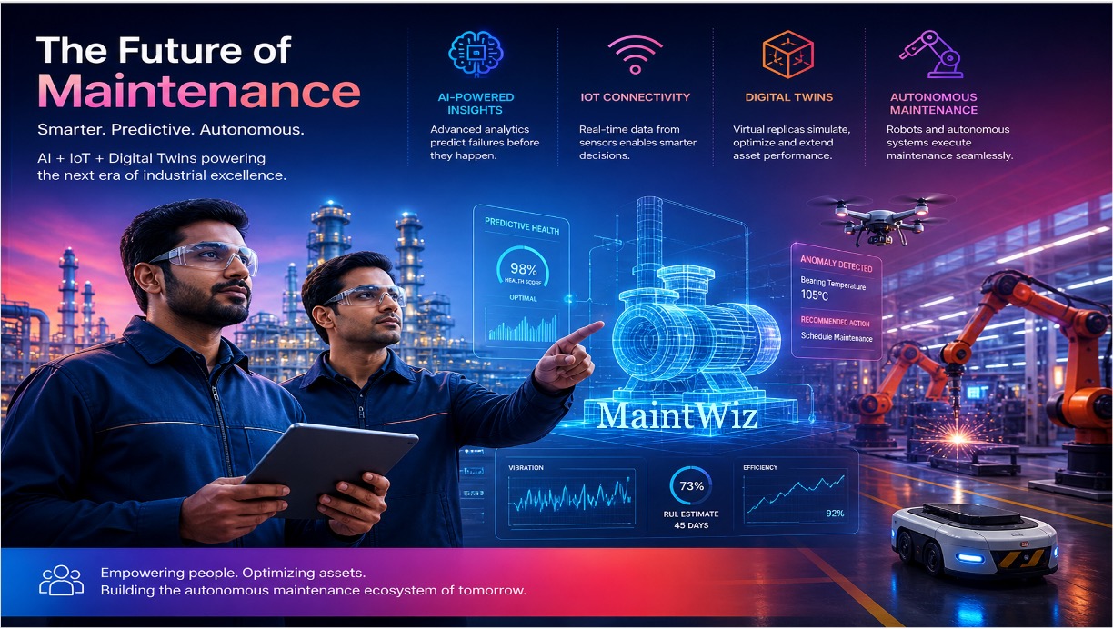 Engineers using AI, IoT, and digital twins for predictive maintenance in a smart factory