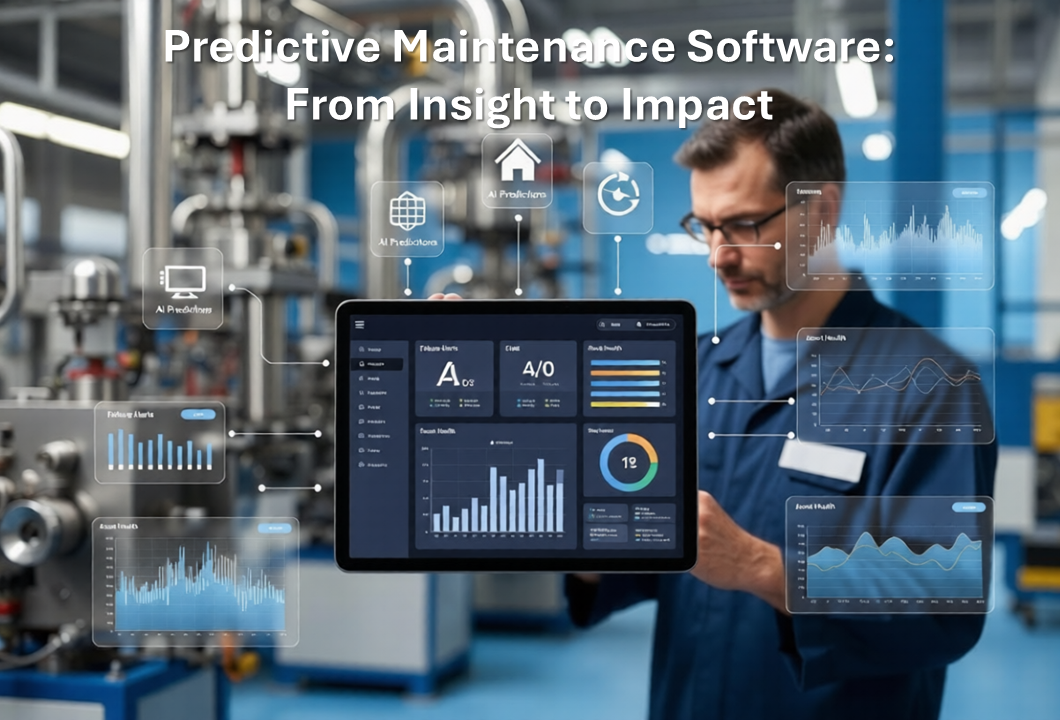 predictive maintenance software in industrial plant with AI analytics dashboard