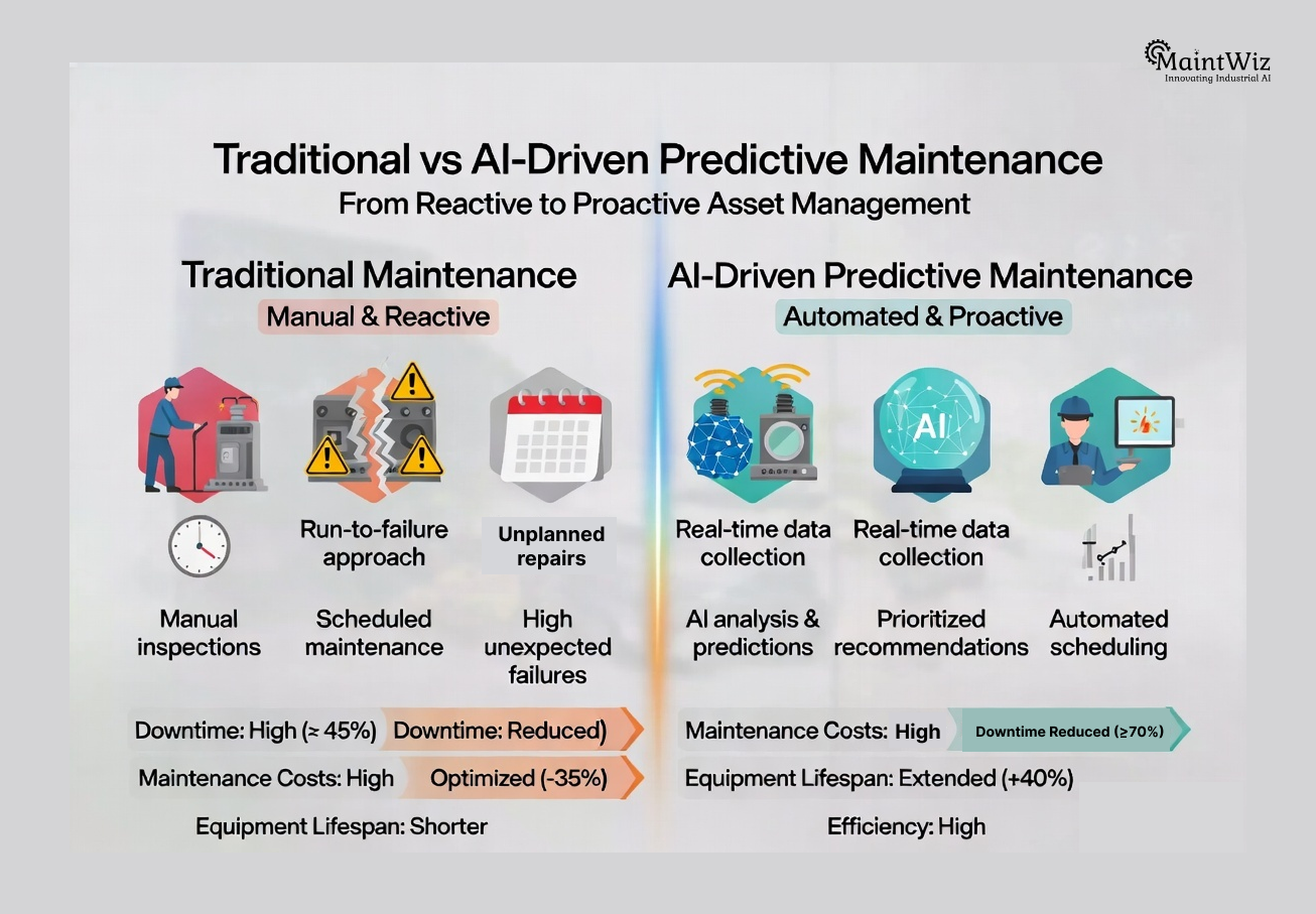 Comparison between traditional maintenance systems and AI-powered predictive maintenance platforms