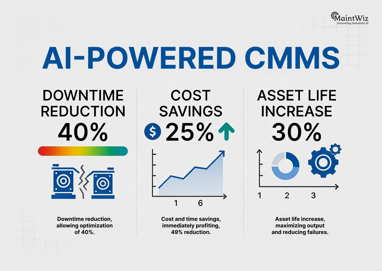 Infographic showing ROI benefits of AI-powered CMMS including reduced downtime and cost savings