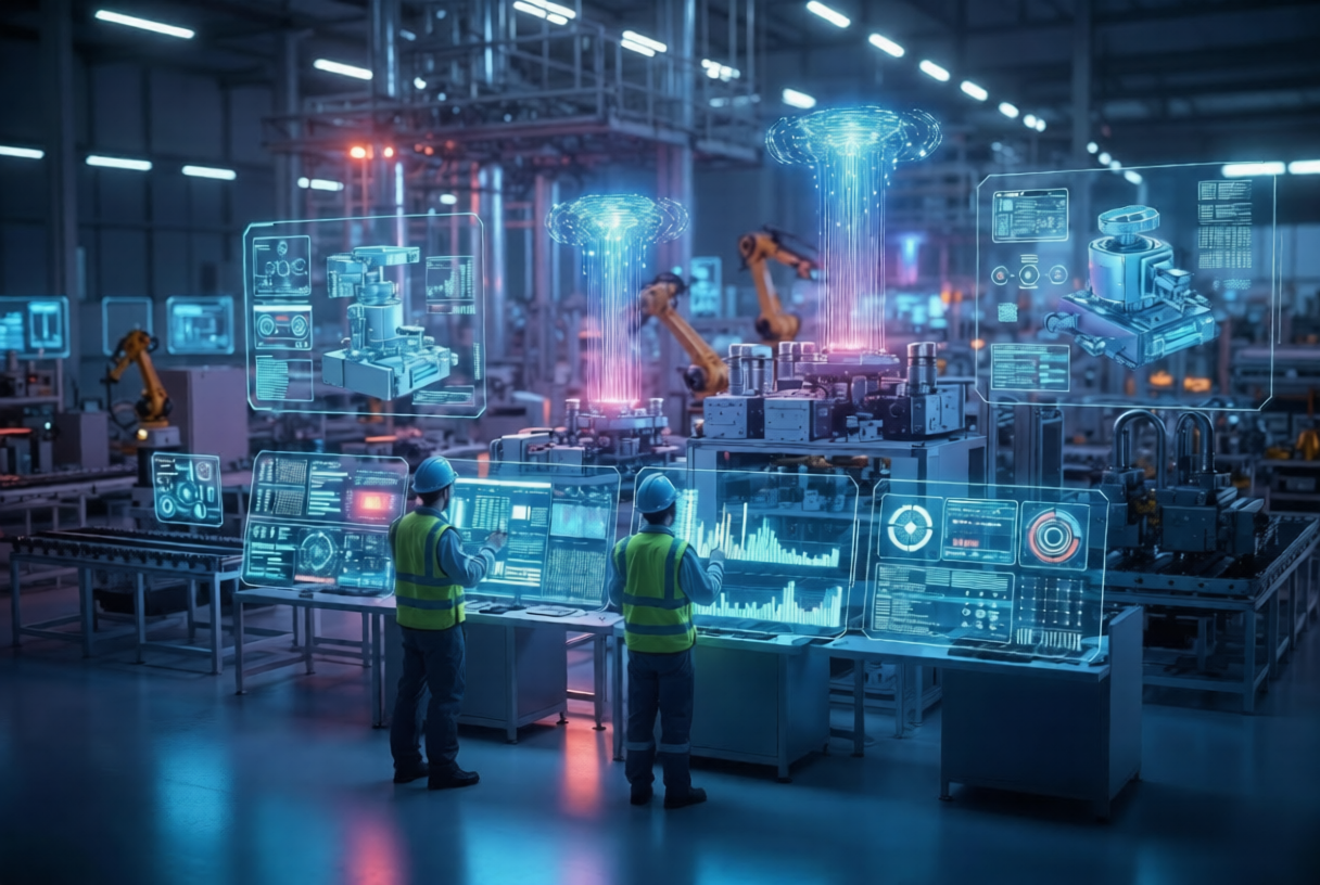 AI-powered CMMS dashboard in a smart factory showing predictive maintenance insights and real-time asset monitoring