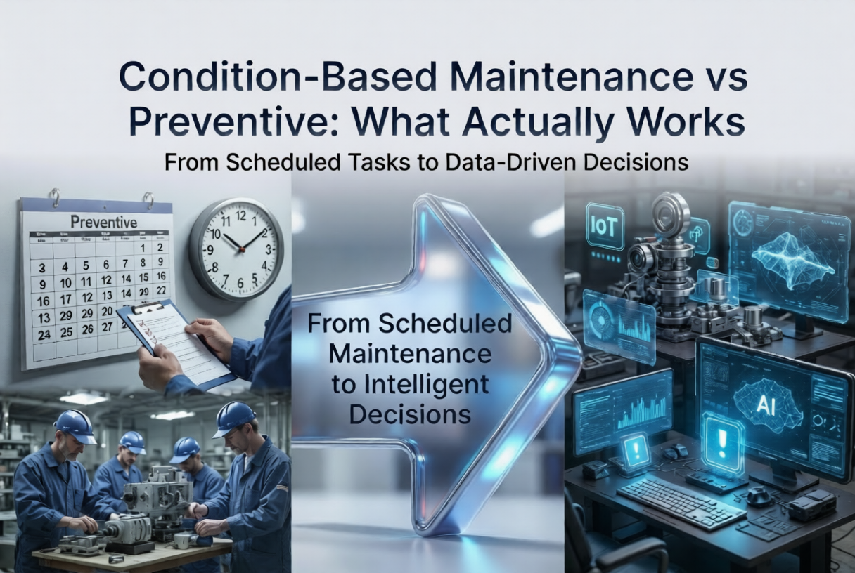 Condition-based maintenance vs preventive maintenance showing shift from scheduled tasks to data-driven decision making
