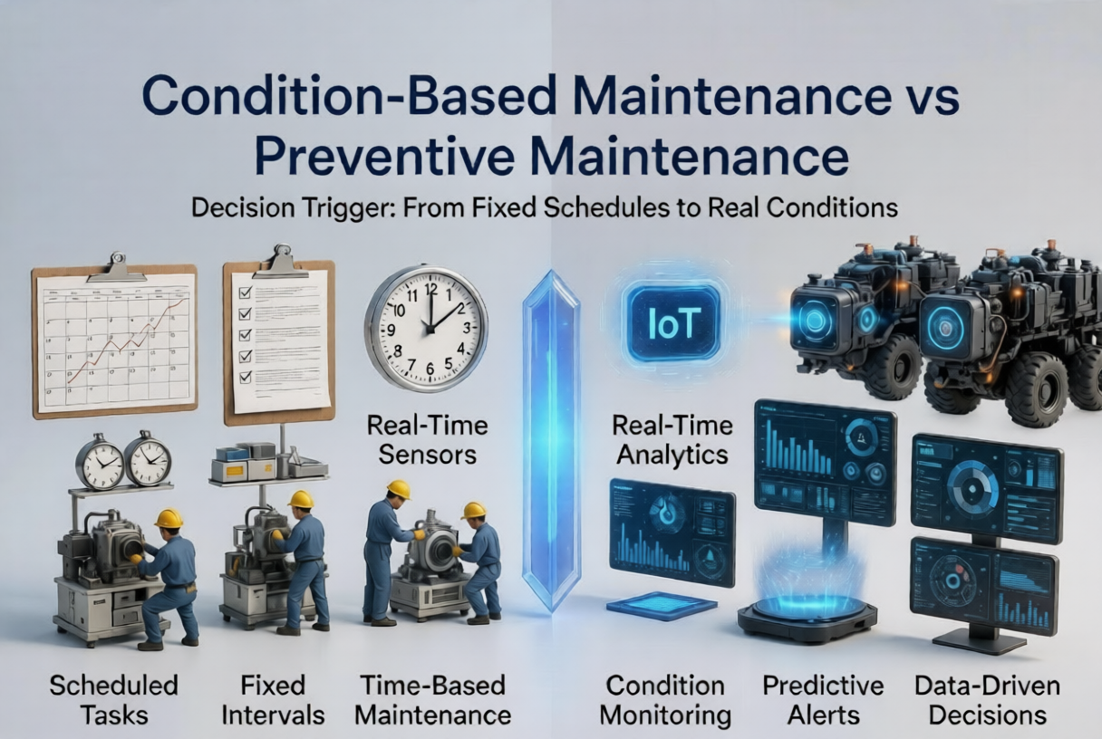 Condition-based maintenance vs preventive maintenance showing decision trigger differences