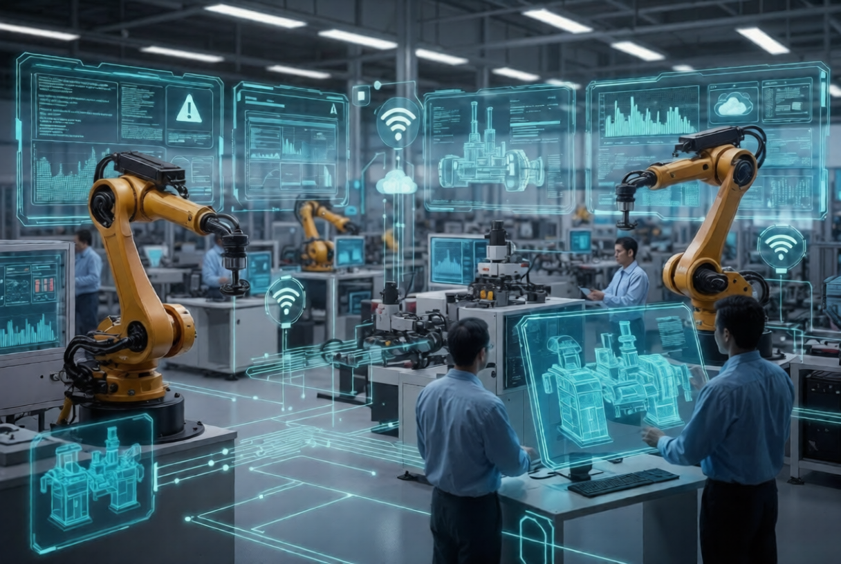 Digital twin plant maintenance showing smart factory with AI, IoT sensors, and predictive maintenance dashboards
