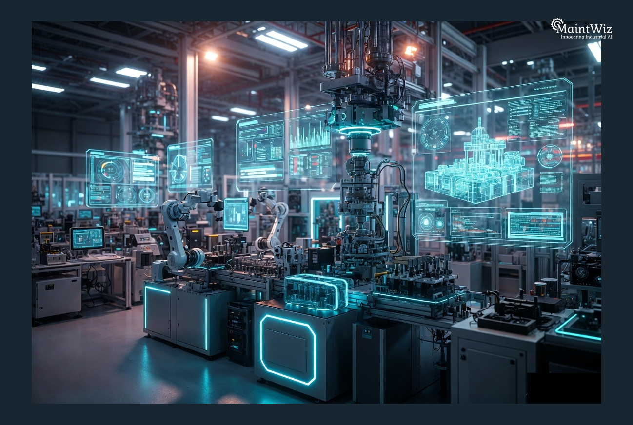 Futuristic smart factory with AI, digital twins, and automated maintenance systems