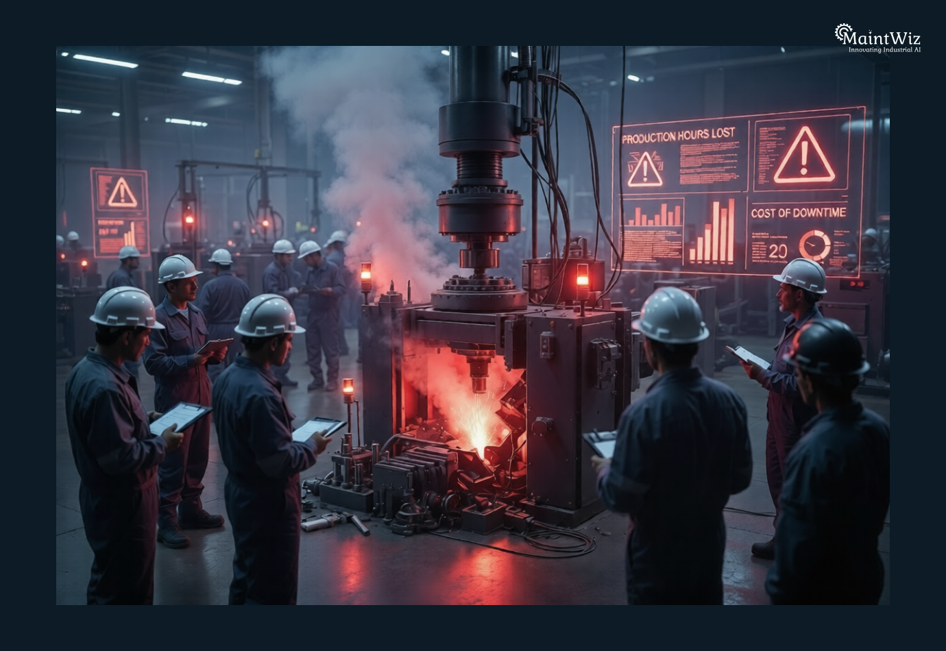 Factory machine breakdown showing downtime impact and maintenance challenges in manufacturing