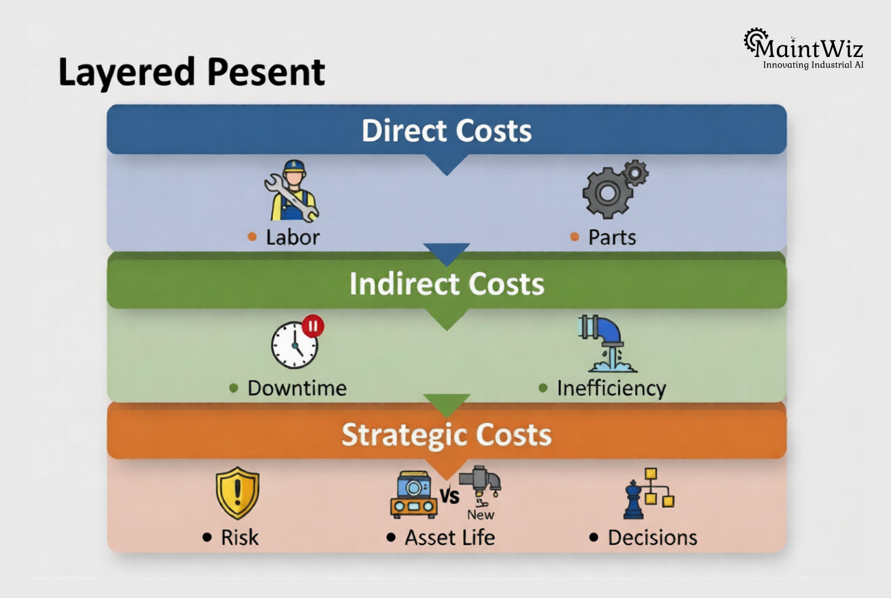 Infographic showing direct, indirect, and strategic costs in maintenance decision-making