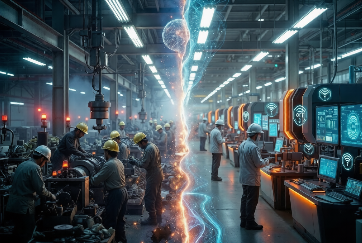 Smart factory showing predictive maintenance transformation with AI dashboards and connected industrial assets