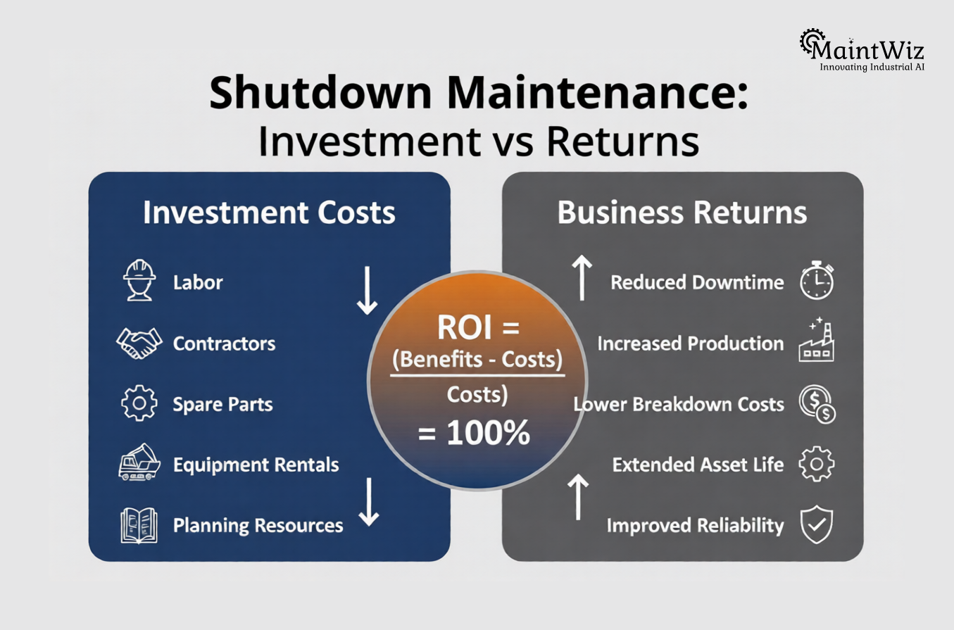 Shutdown maintenance cost versus business value infographic.