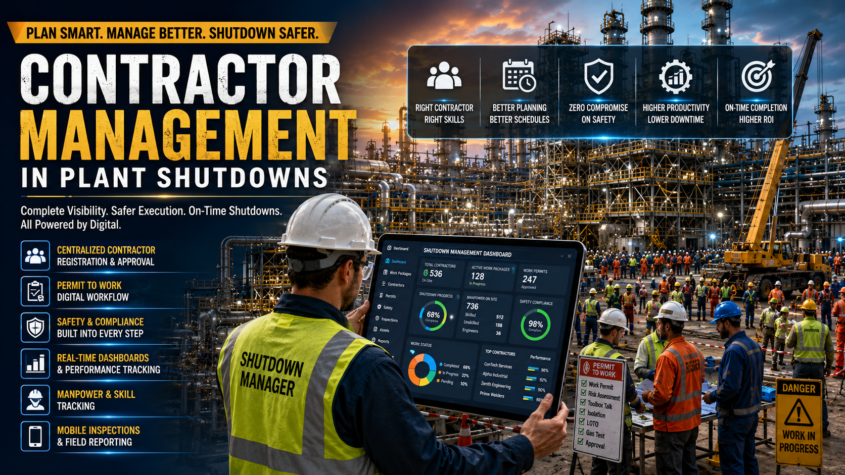 Contractor management during industrial plant shutdown with digital CMMS dashboard, contractor coordination, safety compliance, and shutdown maintenance execution.