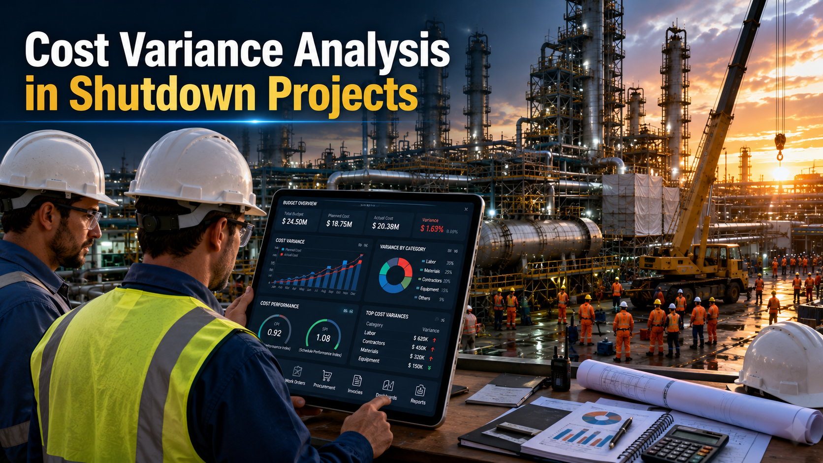 Cost variance analysis dashboard for industrial plant shutdown projects showing CMMS budget tracking, planned versus actual costs, and turnaround maintenance performance.