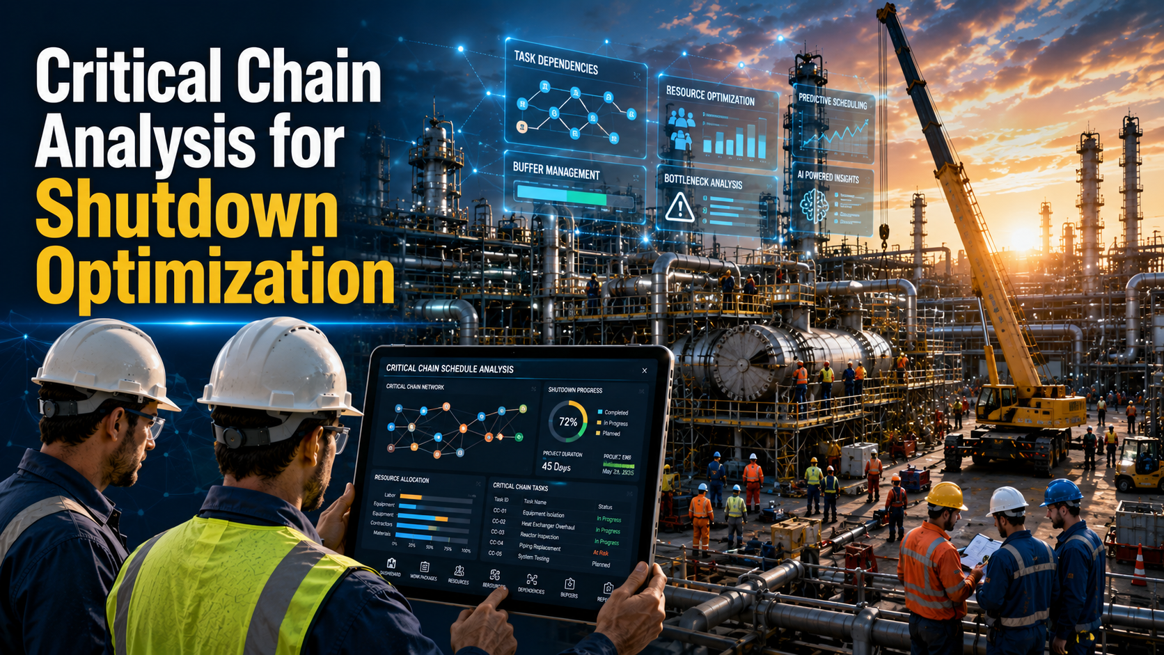 Critical chain analysis dashboard for industrial plant shutdown optimization showing CMMS scheduling, resource allocation, task dependencies, and turnaround maintenance planning.