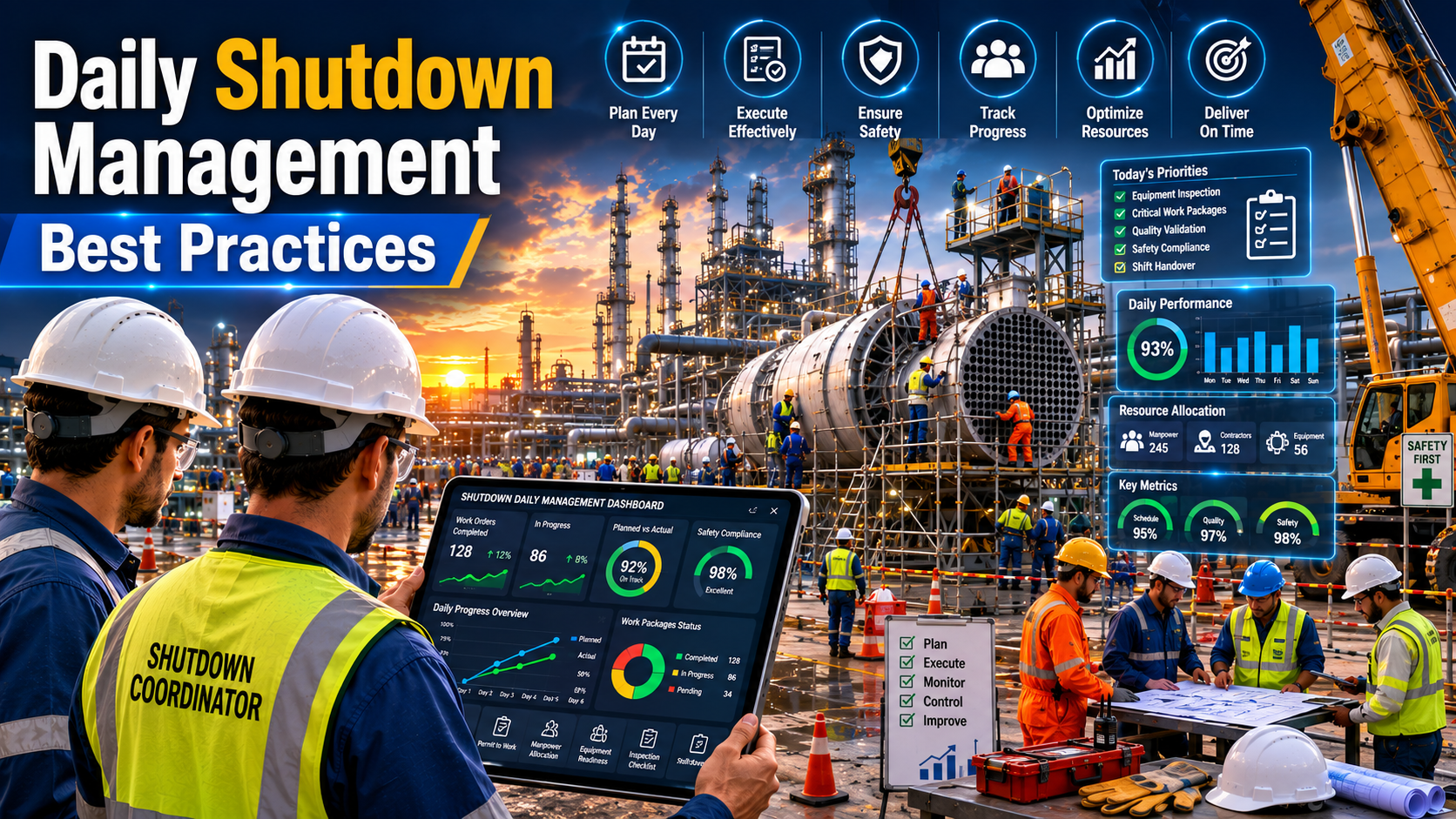 Daily shutdown management dashboard for industrial plant turnaround showing CMMS work order tracking, shift coordination, safety compliance, and maintenance progress.