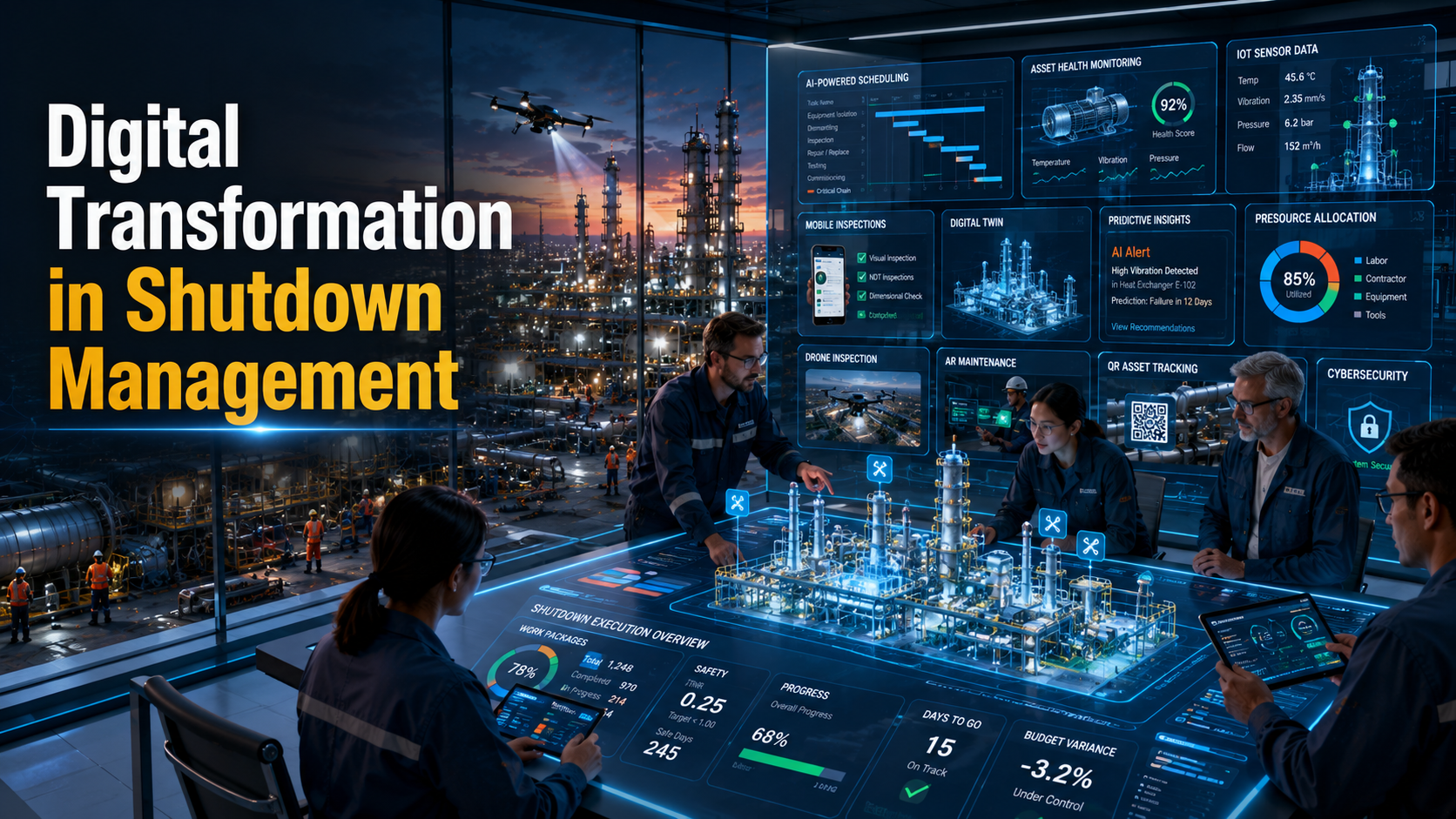Digital transformation command center for industrial shutdown management showing AI, digital twin, IoT, CMMS dashboards, and smart factory technologies.