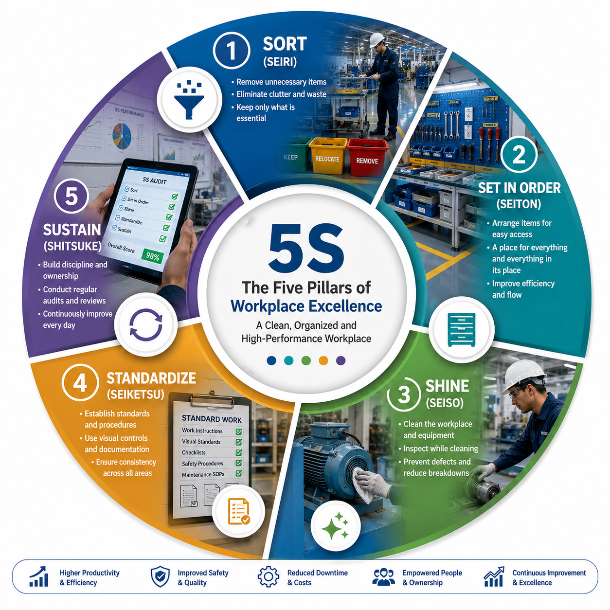 Five pillars of 5S methodology in manufacturing