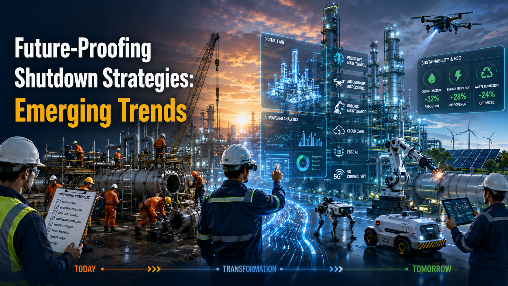 Future-ready industrial shutdown strategy featuring AI, robotics, digital twins, autonomous inspections, cloud CMMS, and Industry 5.0 technologies.