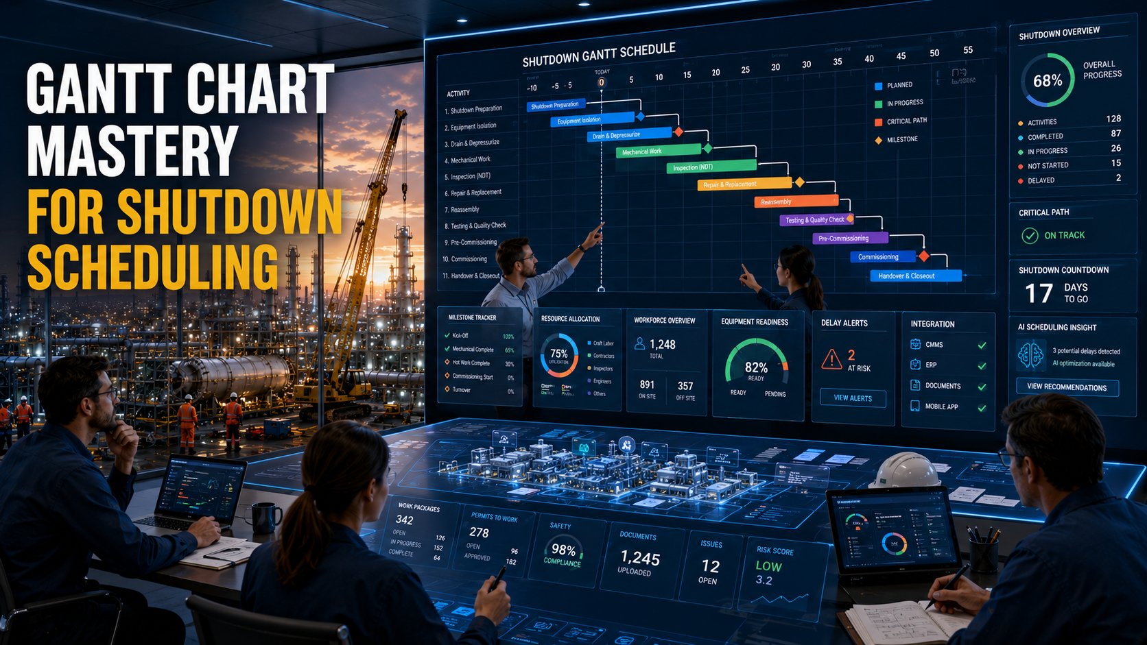 Interactive Gantt chart for industrial shutdown scheduling showing CMMS timeline planning, critical path analysis, milestone tracking, and resource allocation.