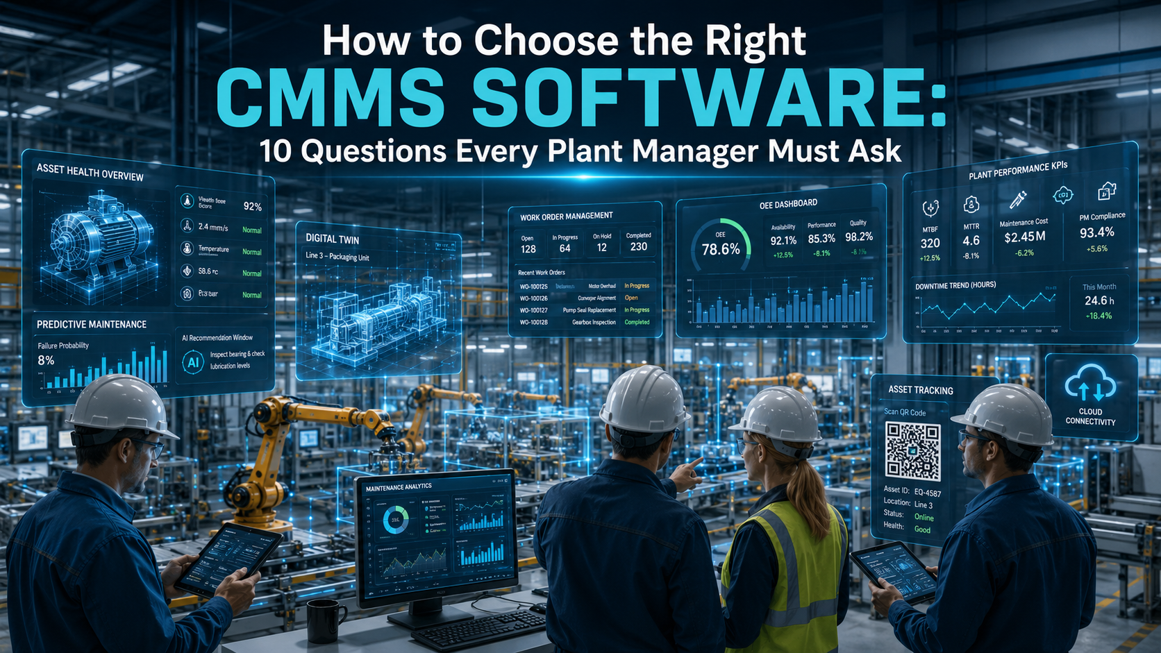 Plant managers evaluating AI-powered CMMS software in a smart manufacturing facility