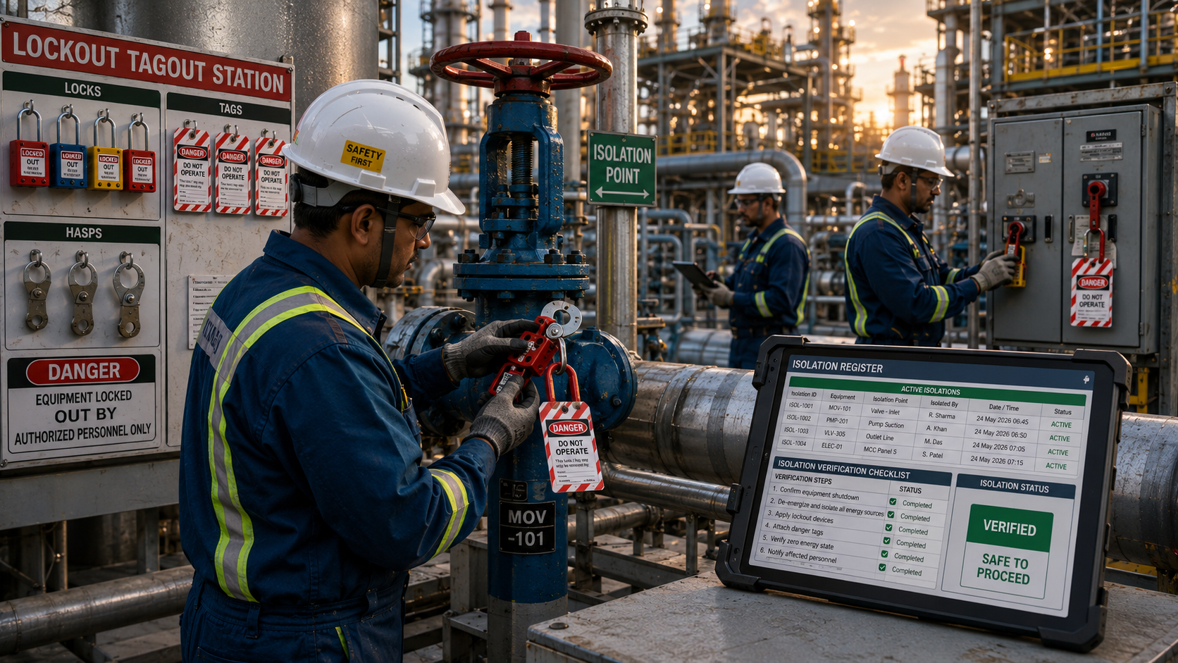 Lockout tagout procedures preventing hazardous energy release during shutdown