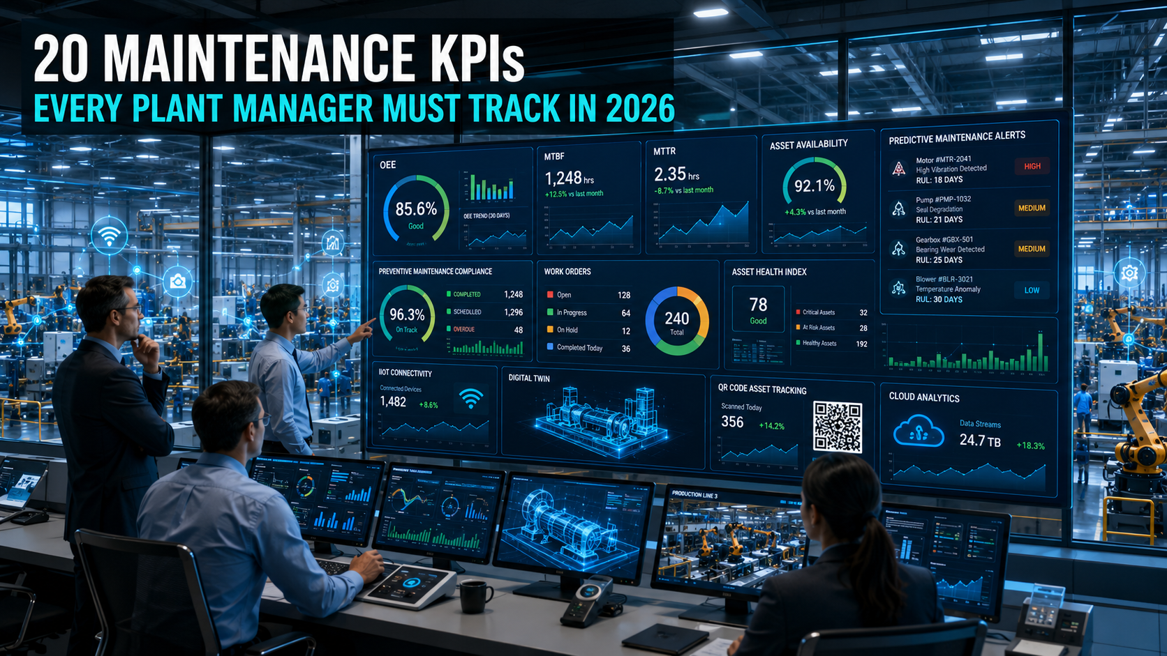 Executive dashboard displaying maintenance KPIs in a smart manufacturing plant.