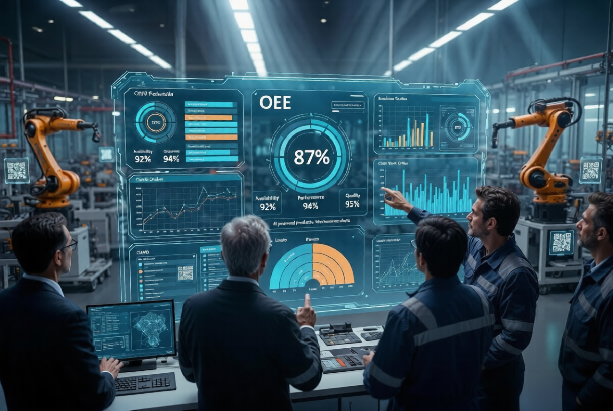 OEE formula calculation dashboard in an AI-powered smart manufacturing facility