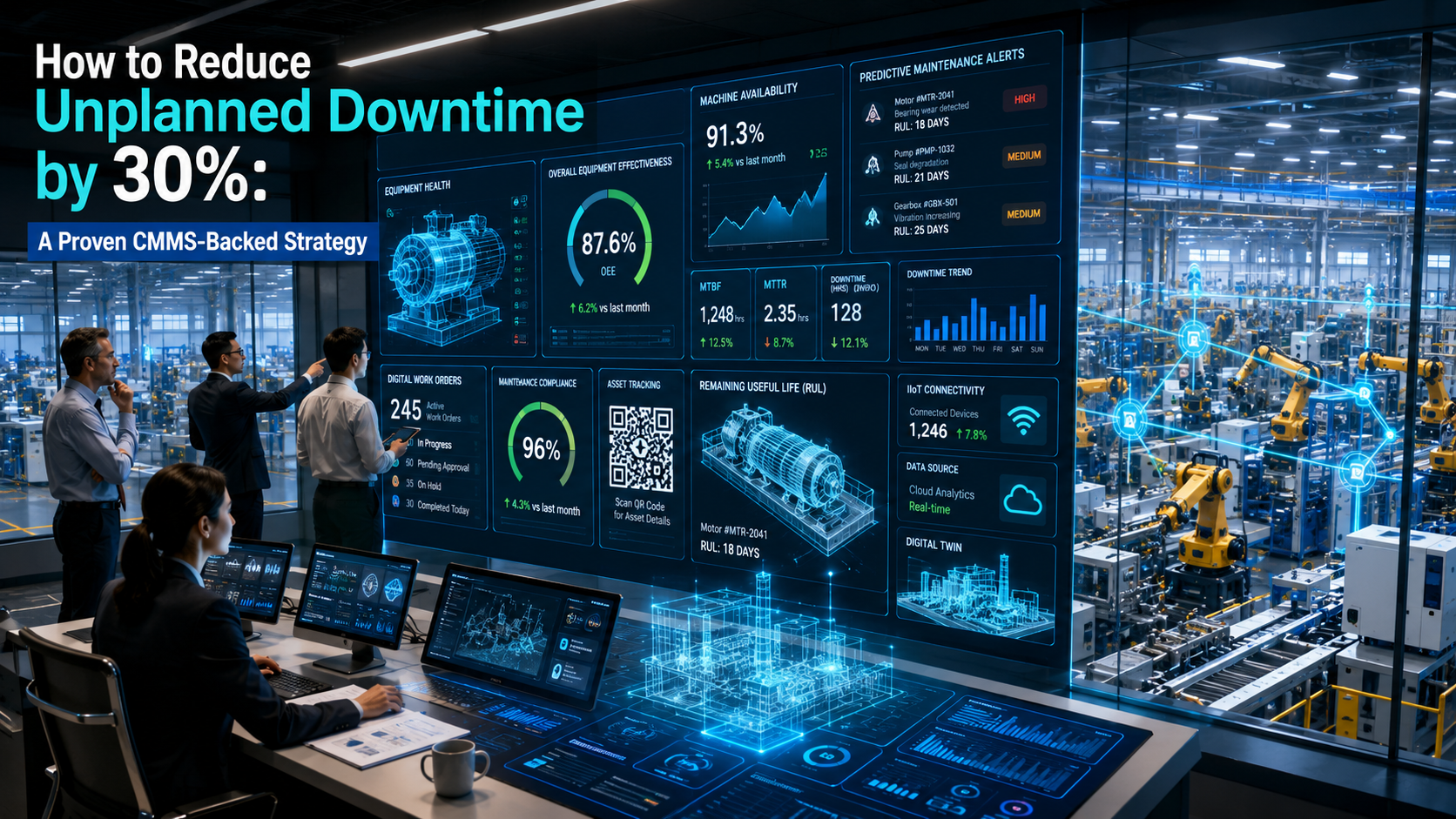 Plant managers using AI-powered CMMS dashboards to reduce unplanned downtime in a smart factory.
