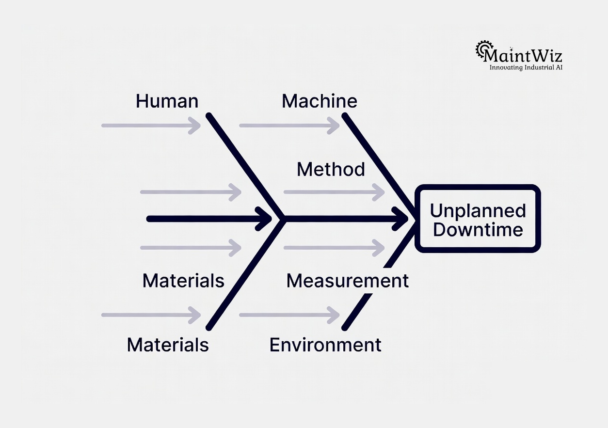 Fishbone diagram illustrating the major causes of unplanned downtime in manufacturing.
