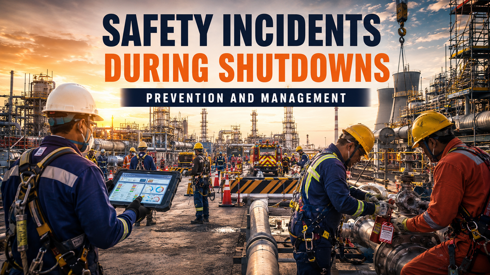 Safety engineers preventing industrial shutdown safety incidents using permit-to-work and lockout tagout procedures