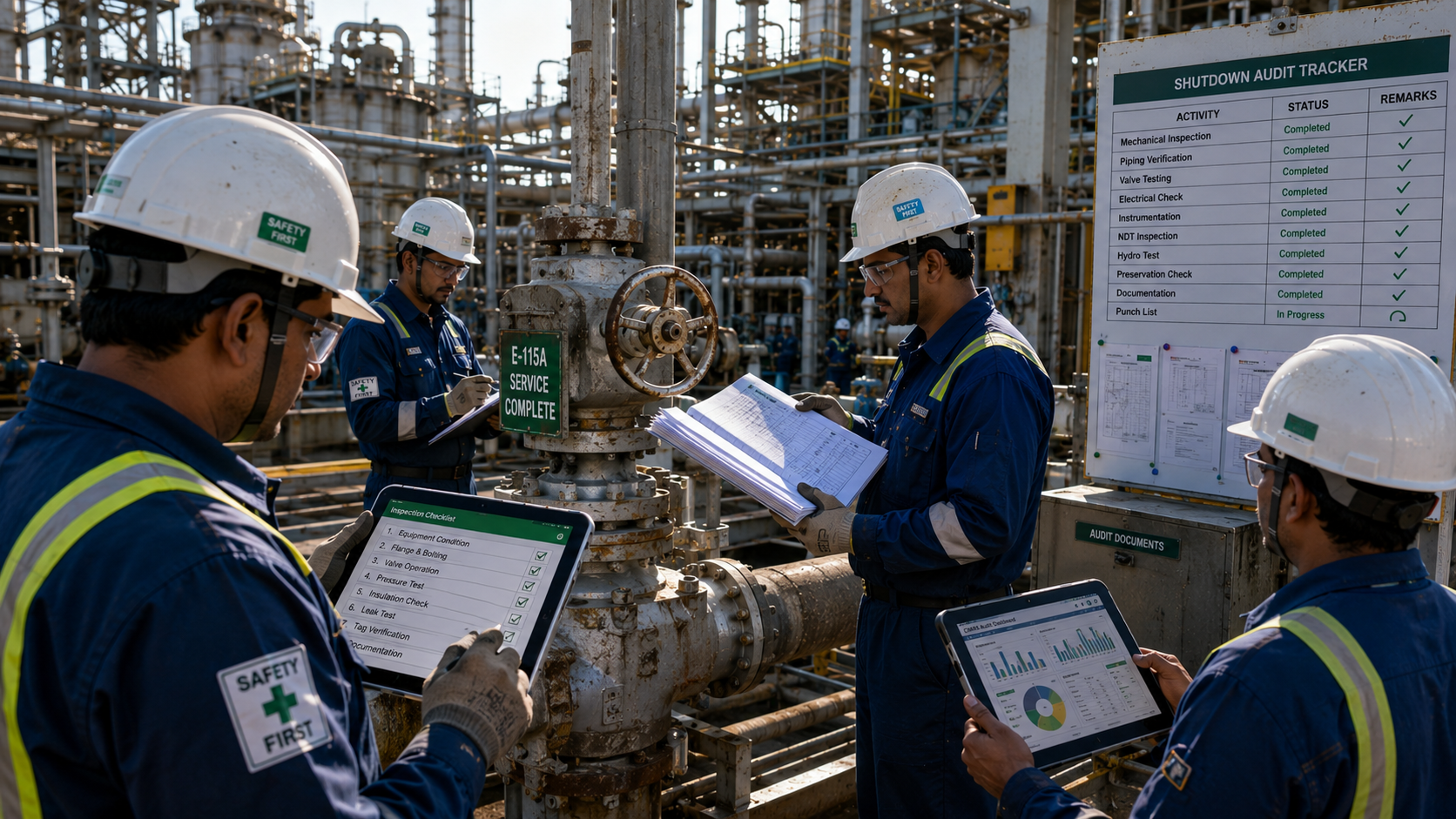 Shutdown audit team reviewing maintenance compliance