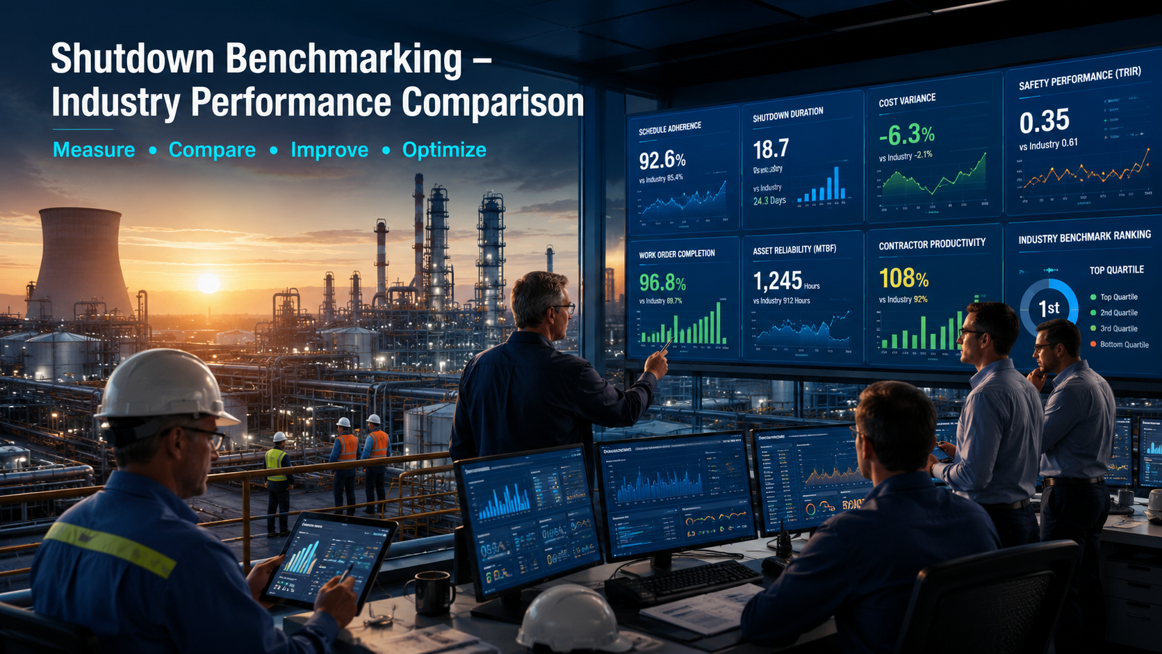 Industrial shutdown benchmarking dashboard comparing maintenance performance