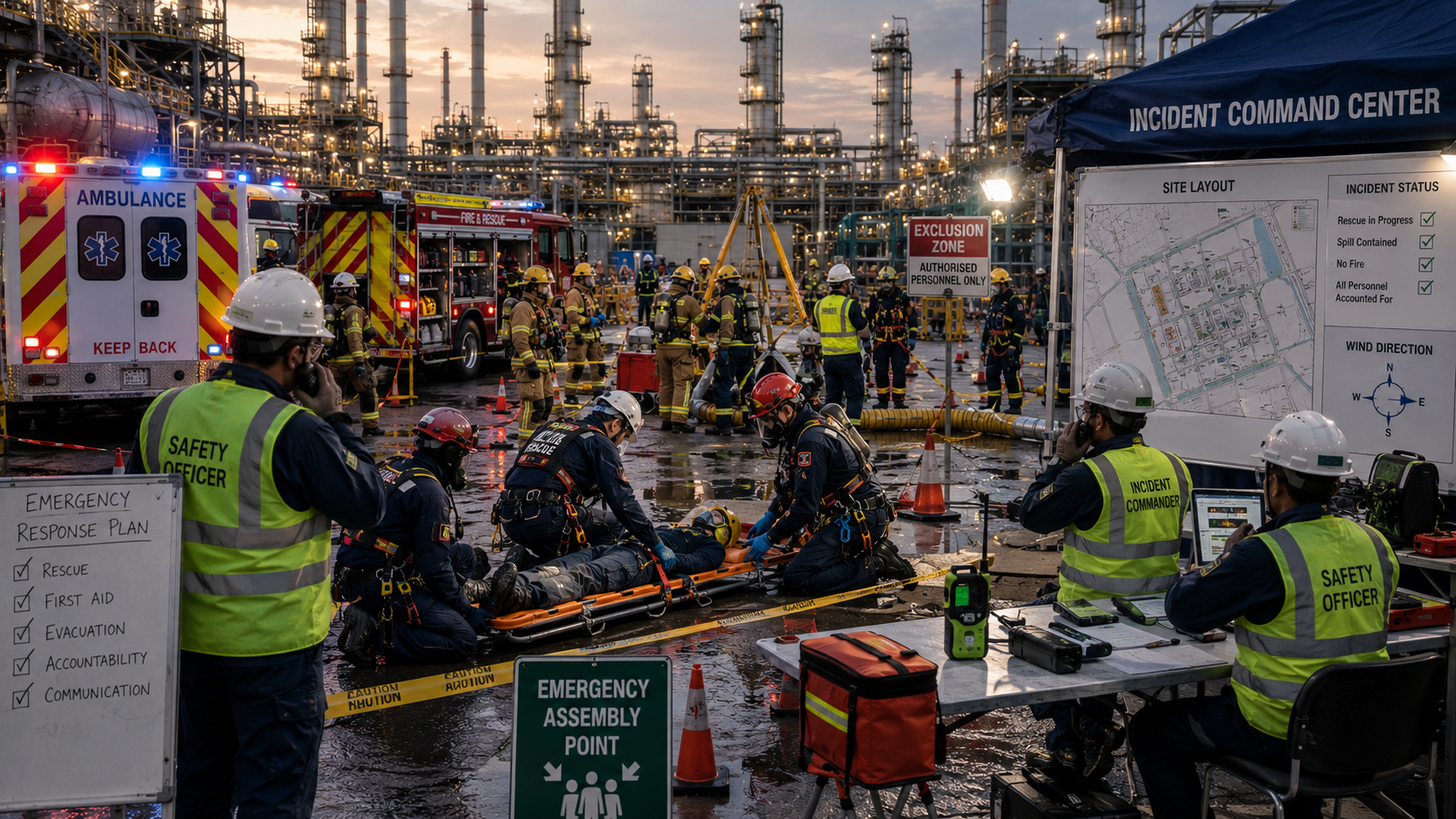 Industrial shutdown emergency response team conducting rescue operations