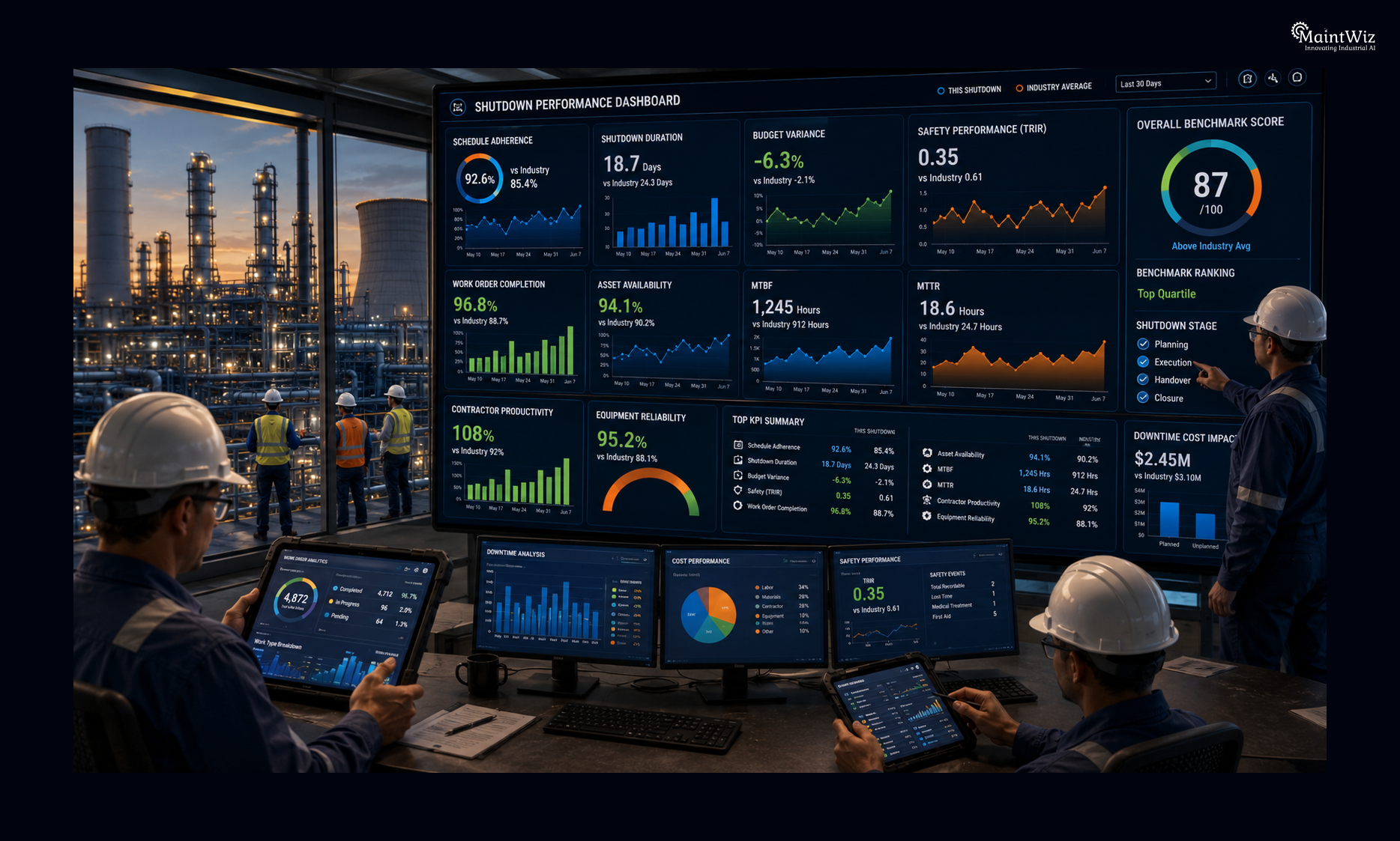 AI-powered shutdown KPI dashboard comparing industrial performance