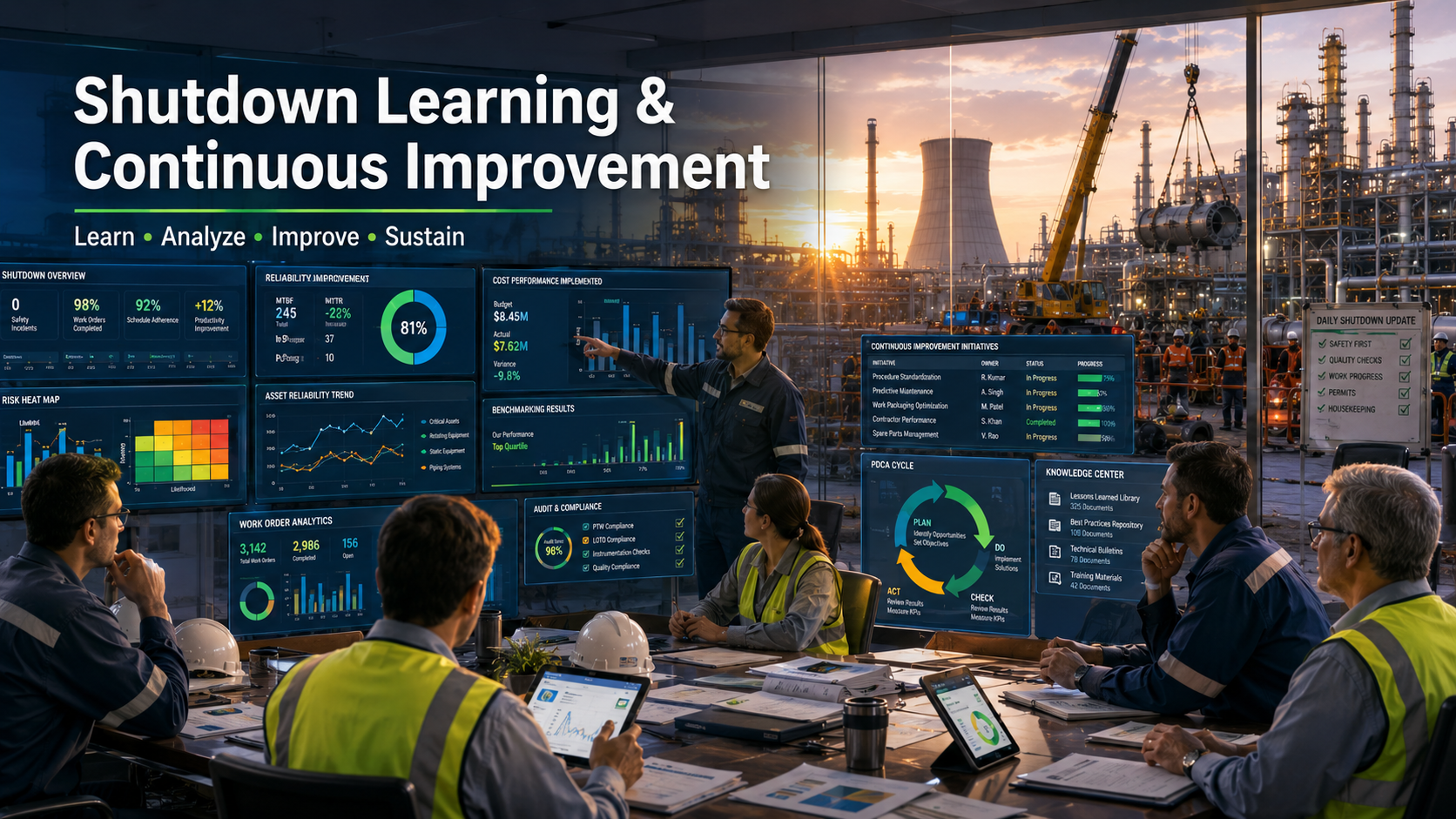 Industrial shutdown learning and continuous improvement using AI-powered CMMS dashboards